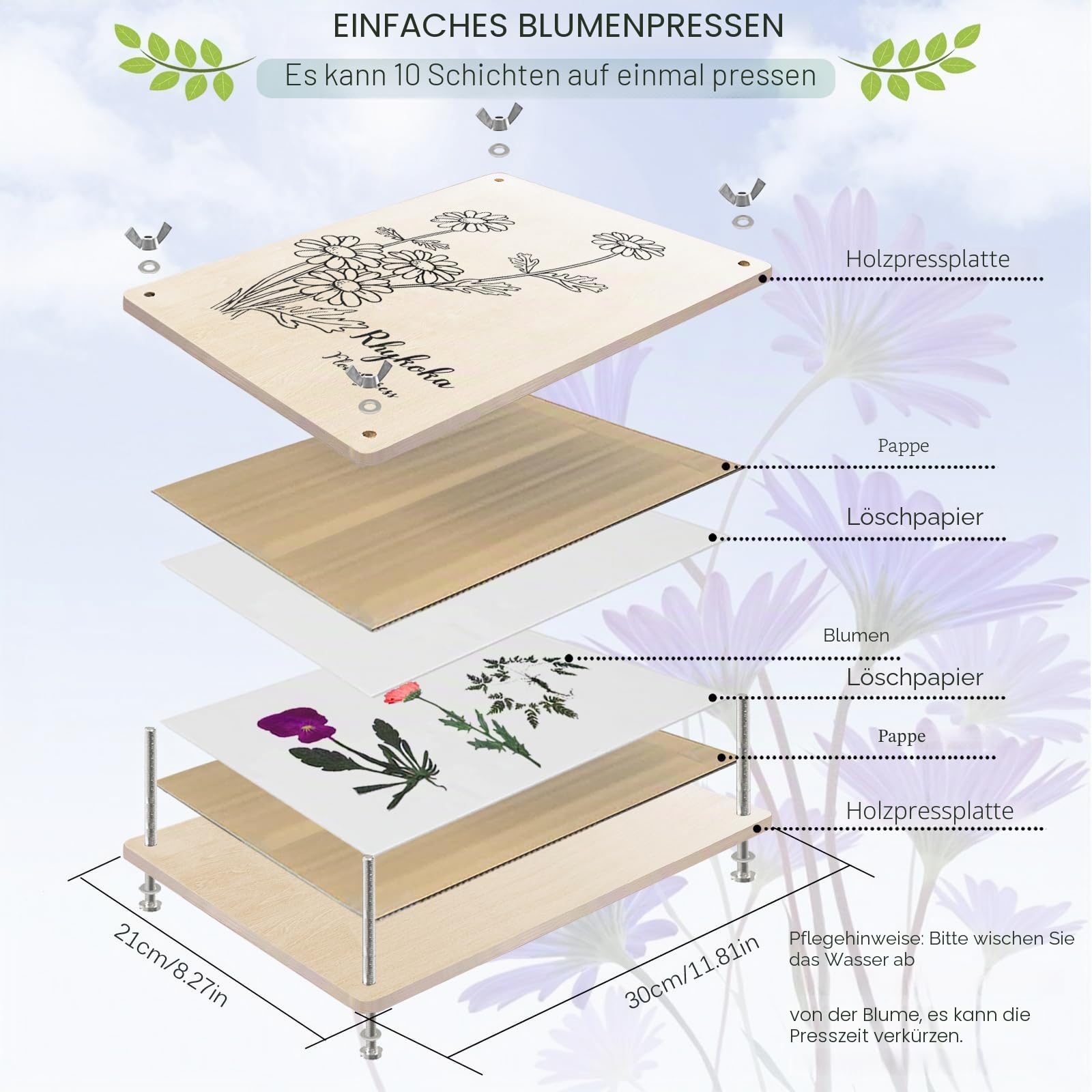 Rhykoka Große Blumenpresse Kit für Erwachsene, 10 Schichten 30 x 21 cm Blumen Presse Kit Holz Blumen Presse Kit für DIY Liebhaber Kunst Handwerk (Holz)