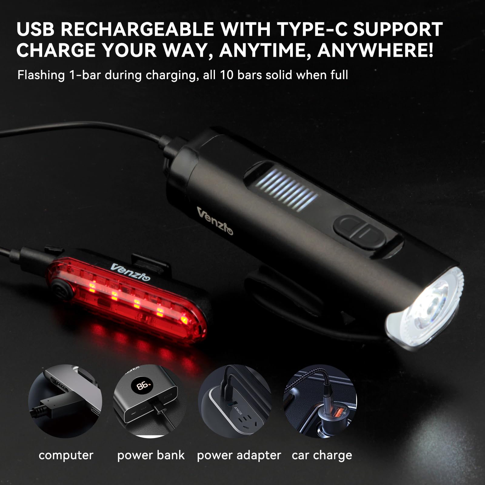 Venzio Luci per bici, 500LM ricaricabili USB-C LED faro e fanale posteriore, 8+3 modalità luci anteriori e posteriori per guida notturna, set di luci per bicicletta impermeabili IPX4