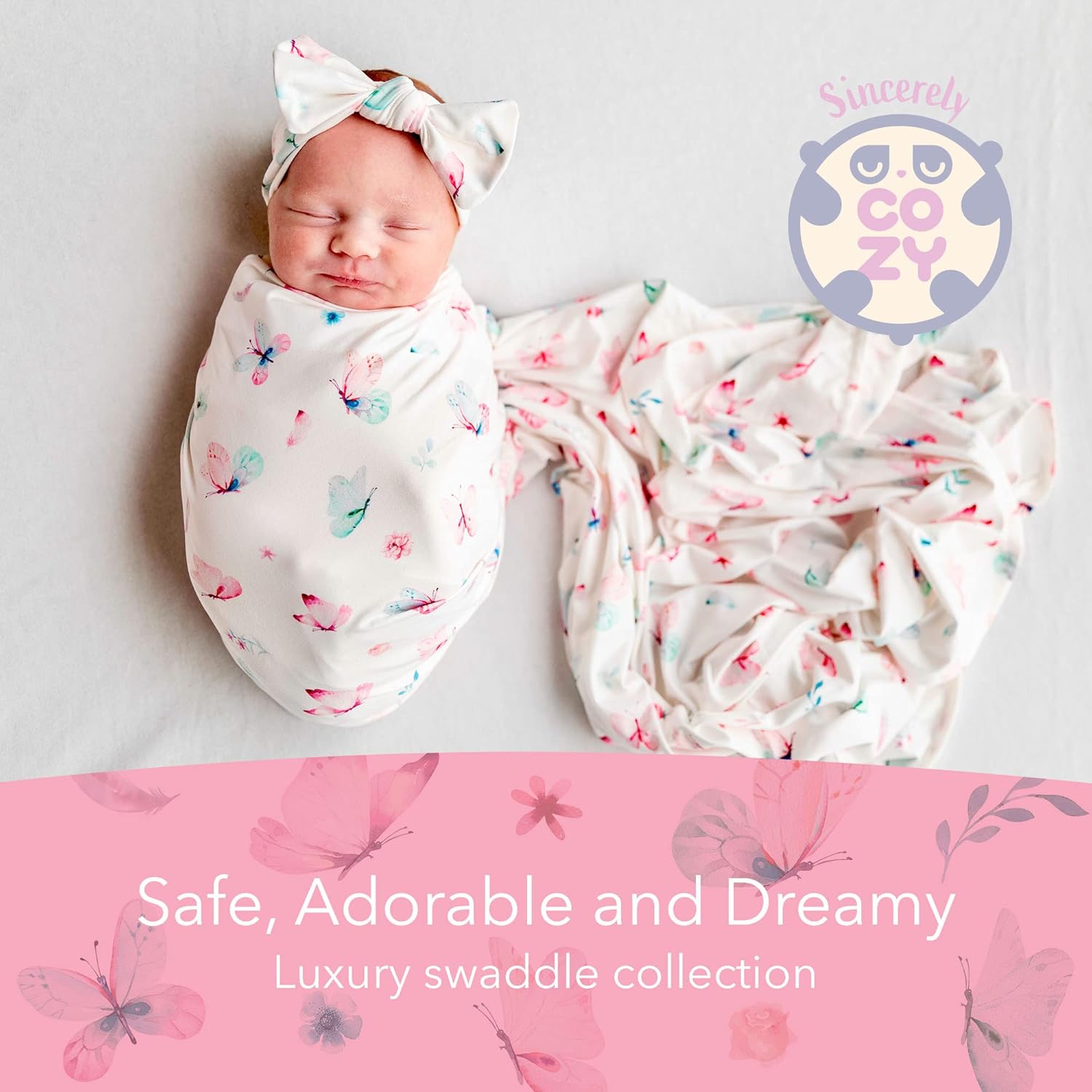 Luxury Rayon from Bamboo Headband & Baby Swaddle for Newborns 0-3 Months, Little Butterfly Newborn Swaddle Blanket for Baby Girls, Hypoallergenic, Breathable & Buttery Soft