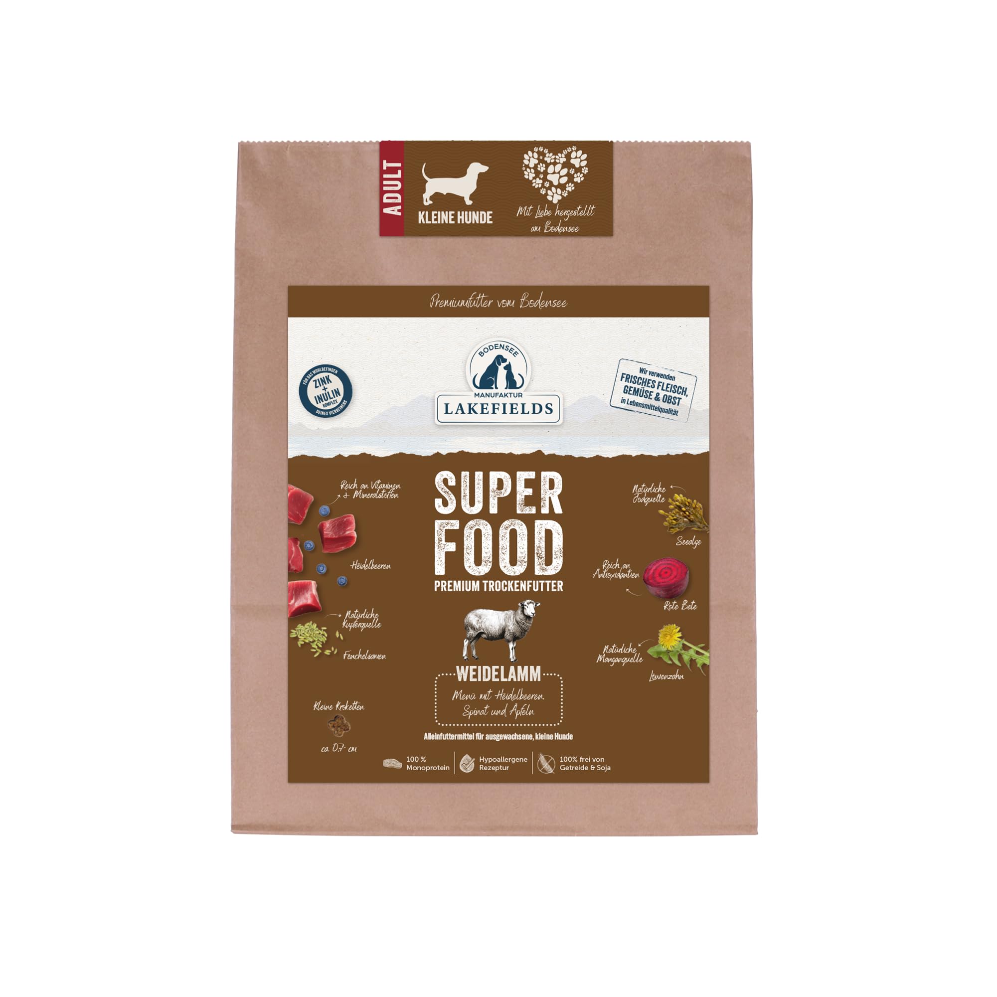 LAKEFIELDS MANUFAKTUR - SUPER Food - sucha karma dla psów, jagnięcina 61%, sucha karma bez zbóż dla małych dorosłych psów, uniwersalna karma z mięsem jagnięcym, szpinakiem i nasionami konopi, 4 x 1 kg