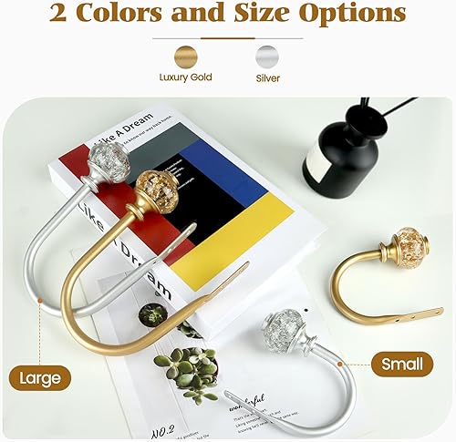 Miniatura 6 de Paquete de 2 soportes plateados para cortinas, alzapaños decorativos para cortinas, ganchos para pared con remates translúcidos (6.1 pulgadas de