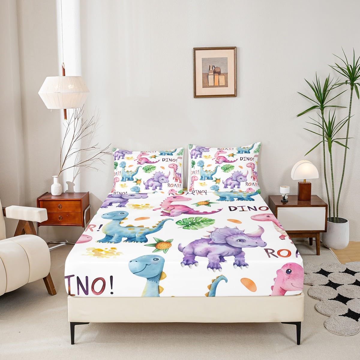 Colorful Dinosaurs Full Size Fitted Sheet,Cartoon Dinosaur Jungle Wild Animal 3 Pieces Kids Teenager Room Decor Tropical Palm Leaves Eggs Botanical Pocket 2 Pillowcases