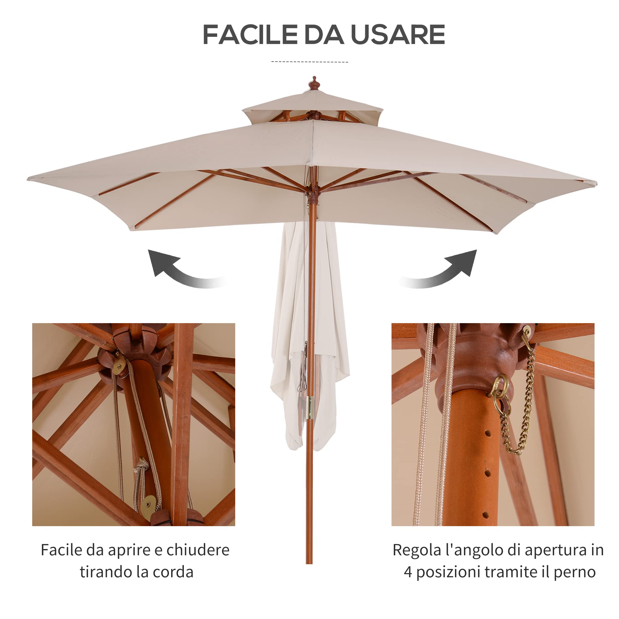 Outsunny Ombrellone da Giardino 3x3 m con Sistema a Corda, Parasole a 2 Livelli, Ombrellone da Esterno Quadrato a 8 Stecche, in Bambù, Legno Pioppo e Poliestere, per Cortile Balcone, Crema