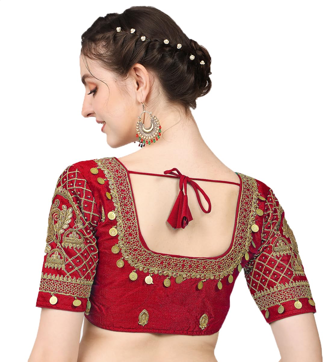 Pujia Mills Women's Multicolour Phantom Silk Embroidery Maggam Work Coin Sleeves Readymade Saree Blouse for Lehenga Choli