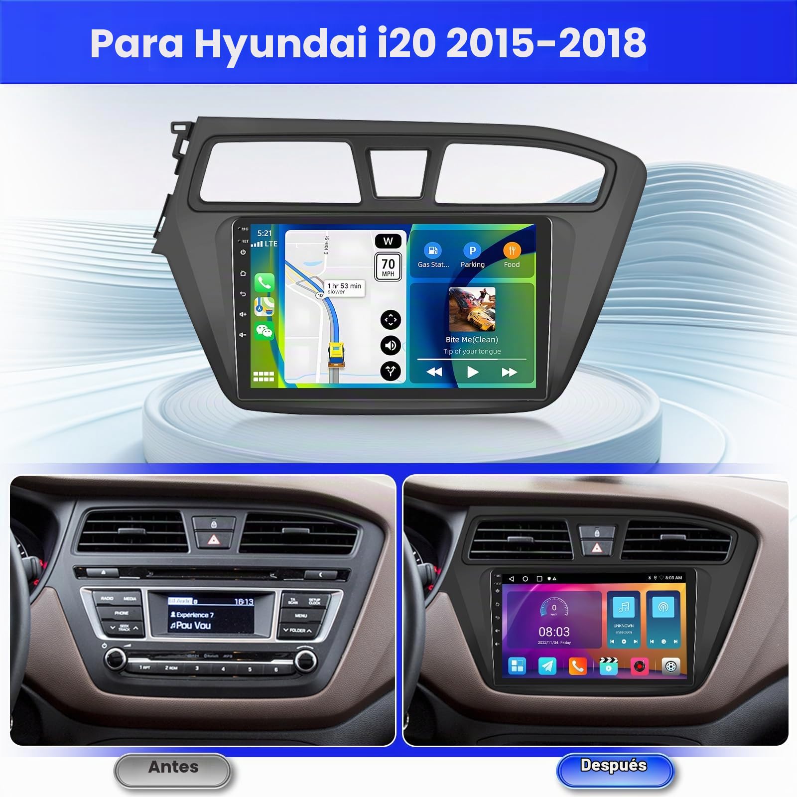 Inefala 2+64G Android 15 Radio para Hyundai i20 2015-2018 con Wireless Carplay y Android Auto, 9'' Radio Pantalla Táctil Estéreo con Bluetooth 26UI EQ GPS FM/RDS SWC AHD Cámara Inversa
