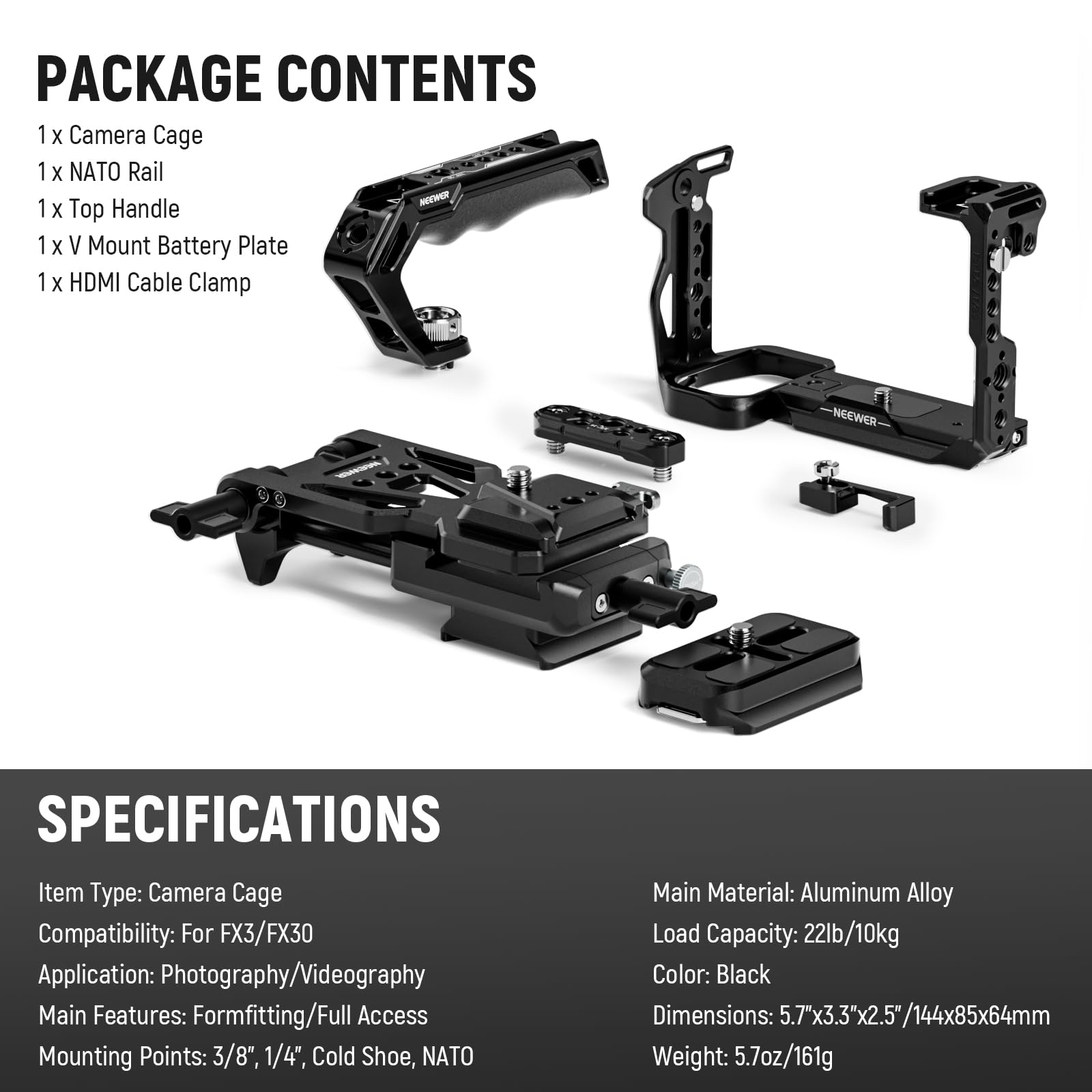 NEEWER CA011 FX3/FX30 Kamera Cage Set Kompatibel mit Sony FX3 FX30 DJI RS4 RS3 RS2, Video Rig Stabilizer mit CA007 Top Handle 3/8" Schraube für PS015 Pro Arca Type V Mount Battery Plate