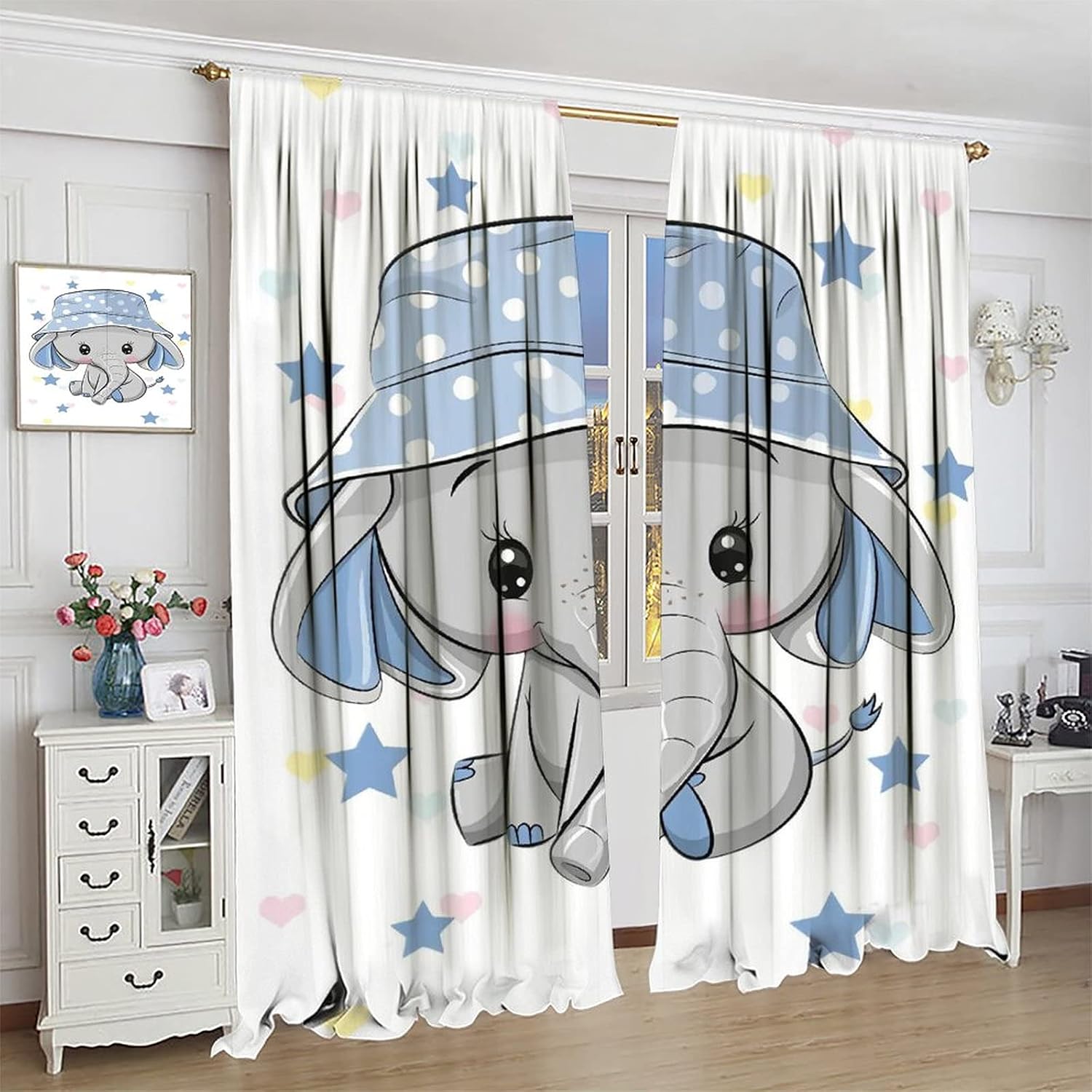 Cartoon Cute Elephant Curtain Nursery Baby Elephant with Blue Hat Windows Drapes for Nursery Room Kids Room Gifts for Boys and Girls Rod Pocket 2 Panels 63L x 36W
