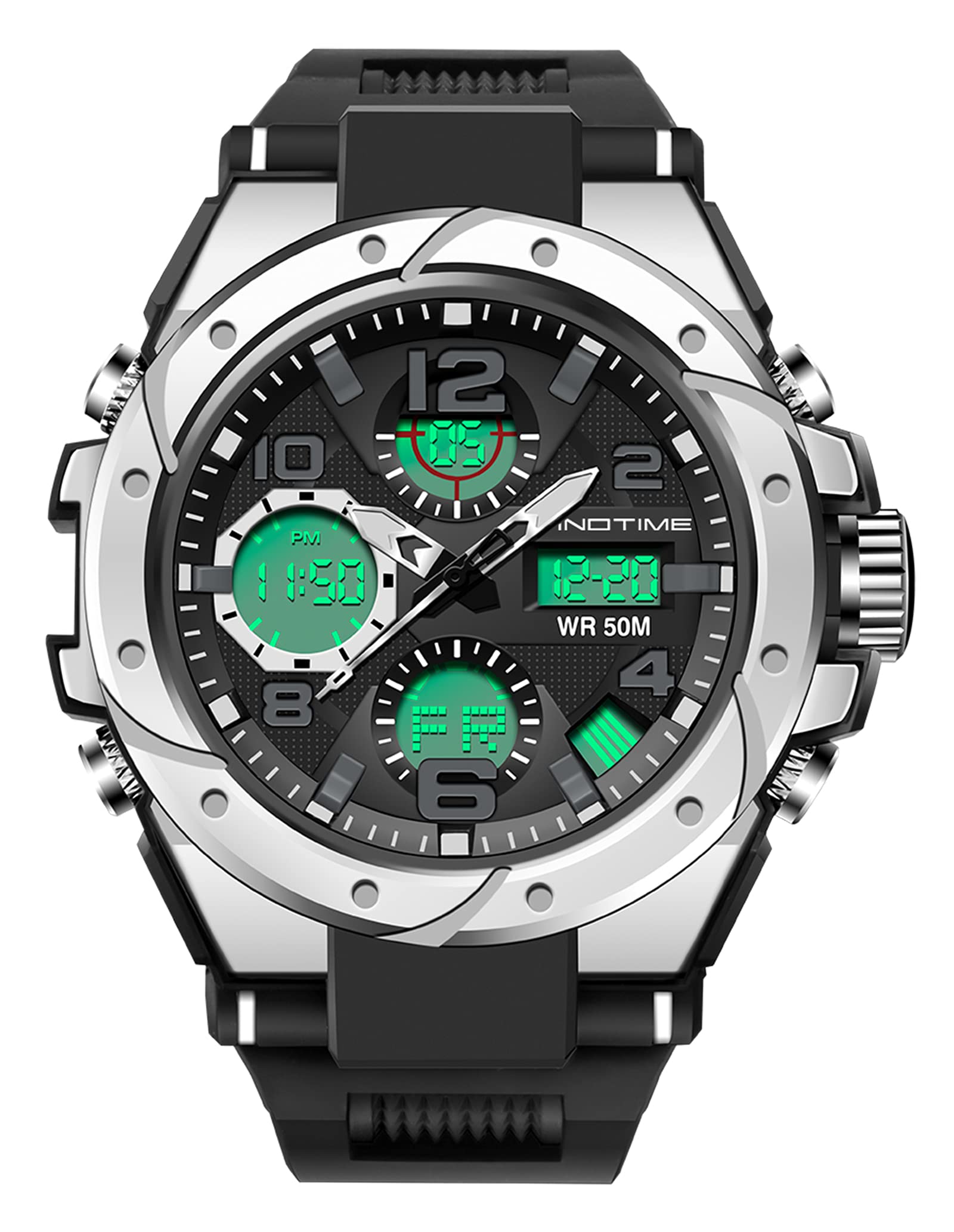 findtime Reloj Deportivo táctico Militar para Hombre con Esfera Grande, cronómetro, Alarma, visualización analógica de Doble Hora, retroiluminación, Impermeable para Exteriores