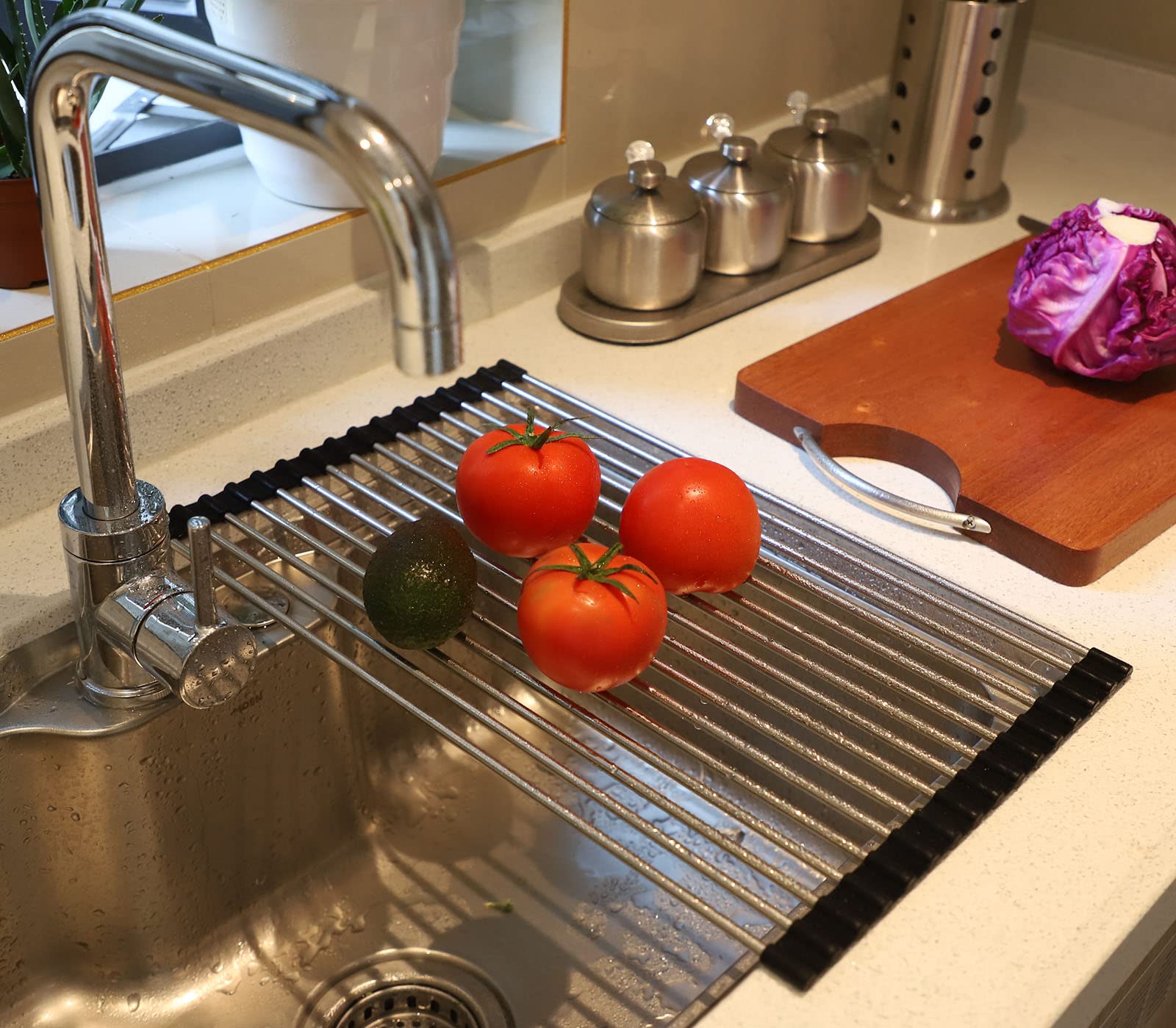 KOOKYY Support De Cuisine Triangle égouttoir à Vaisselle Pour évier D'angle Enroulable Porte-éponge Pliable En Acier Inoxydable égouttoir à Vaisselle Accessoires De Cuisine (couleur : Gris, Taille