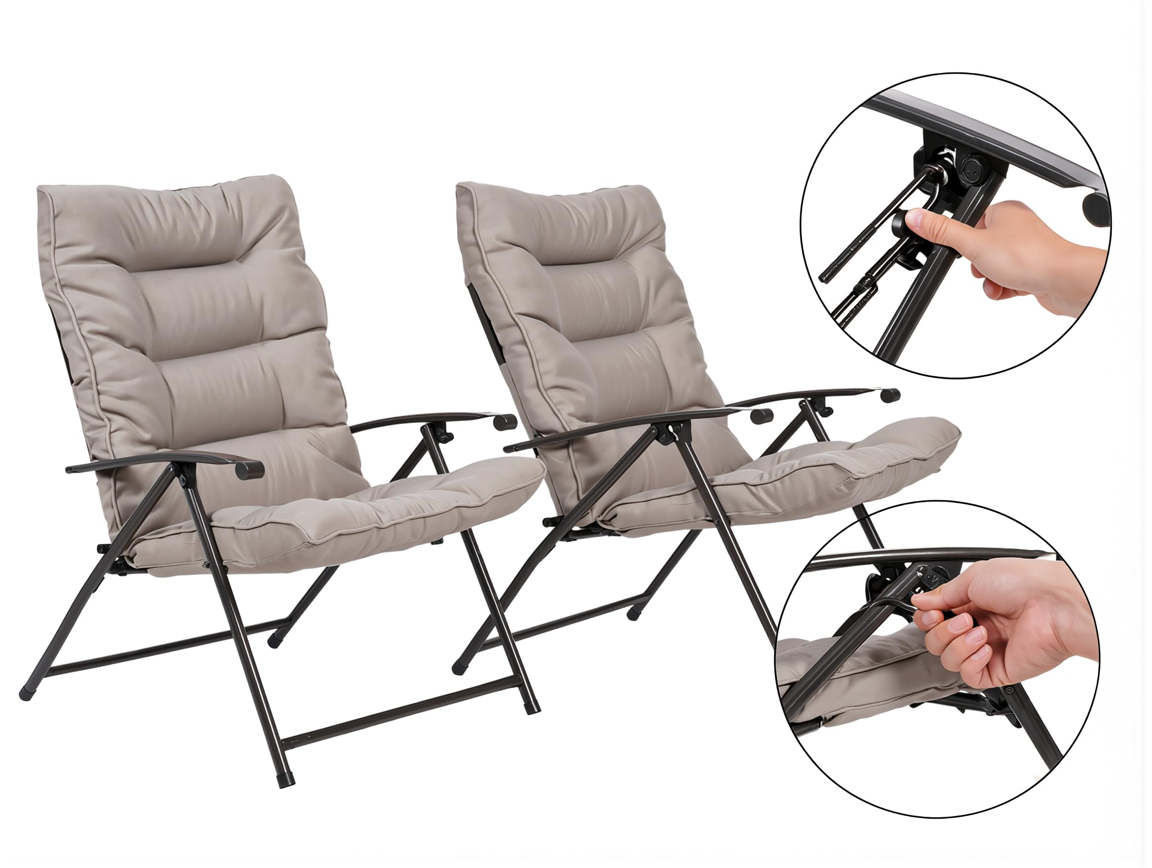 Set da Giardino Pieghevole 5 Pezzi SANTORINI – 4 Poltrone Reclinabili con Cuscini Beige + Tavolino Rotondo Ø86 cm Vetro Temperato – Schienale Regolabile 2 Posizioni – Arredo Giardino Salvaspazio