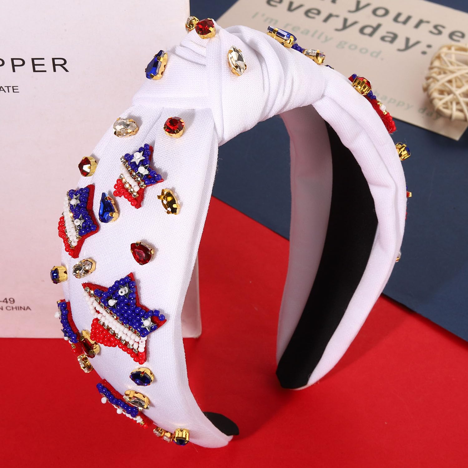4th of July Headbands for Women American Flag Headband Patriotic Red Blue White Star Knotted Headband Embellished Rhinestone Wide Top Knot Headbands 4th of July Hair Accessories Outfits Gifts (White) - Image 4