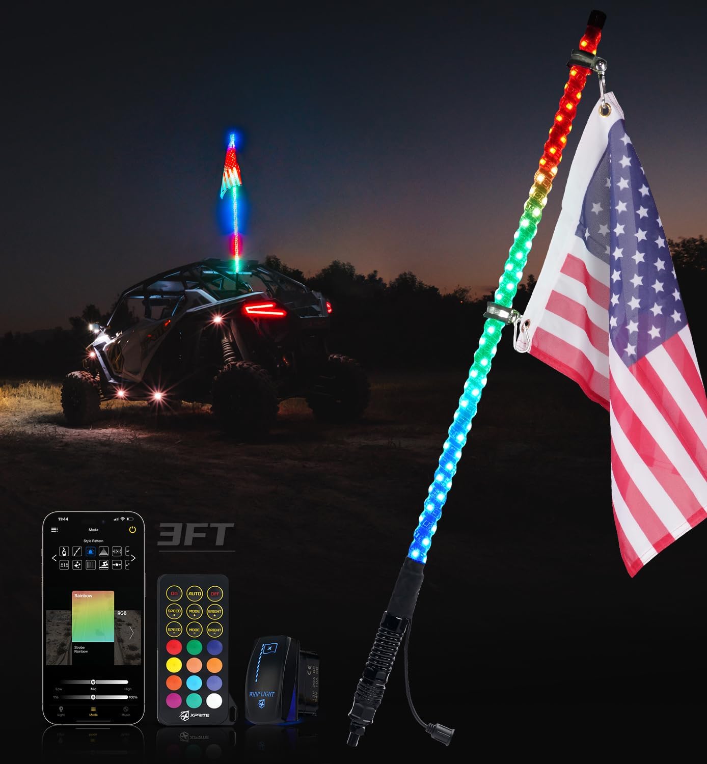 Xprite 1PC 3FT RGBW LED Whip Light with Spring Base, App & Remote Control Chasing Antenna Lighted Whips, Compatible with SXS ATV UTV Polaris RZR Can-am Buggy Trucks Jeep