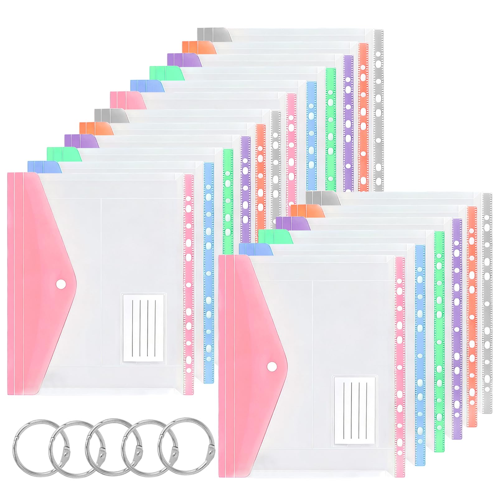 18 PCS Plastic Wallets A4, Punched Pockets Expandable Folders Plastic Document Files with Button Tab Card and 5 Ring Binders for Home Office and School