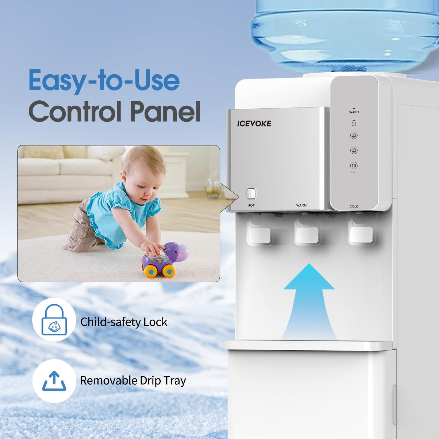 3-in-1 Water Cooler with Built-in Ice Maker, Top Load Ice and Water Dispenser for 3 or 5 Gallon Bottle, Hot, Cold & Room Water, 27LBS/24H Ice Making, Child Safety Lock, Night Light, White