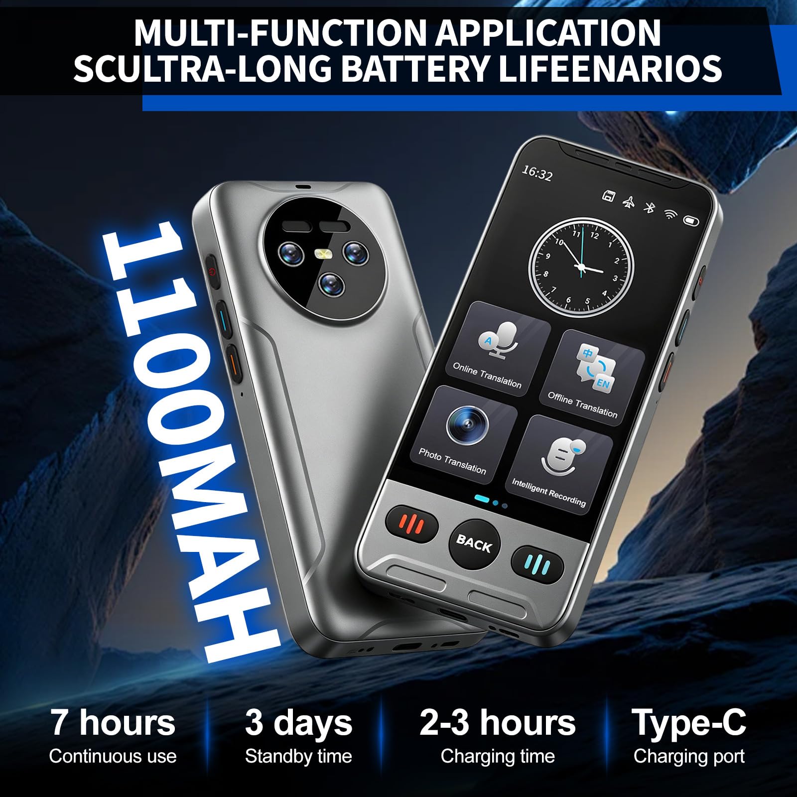 Traduttore vocale con 142 lingue, Bluetooth, Wi-Fi, memoria da 8 GB, touch screen da 3,5", traduzione offline (18 lingue), traduzione fotografica, batteria da 1100 mAh, ideale per i viaggi