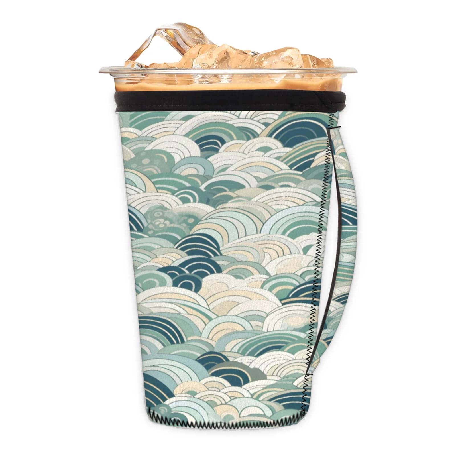 Abstract Ocean Ripple Reusable Neoprene Coffee Sleeve with Handle Insulated Iced Coffee Cup Holder Reduces Condensation Fits 24-28 oz Cups M
