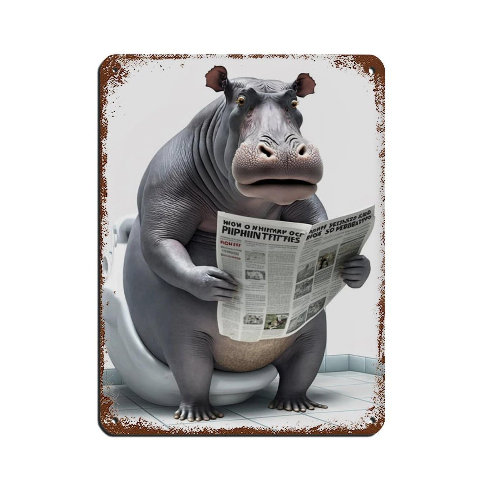 Lxwnze 30L X 40W Cm Hippo Sitting On The Toilet Reading A Newspaper Retro Poster Metal Tin Sign Chic Art Retro Iron Painting Bar People Cave Cafe Family Garage Poster Wall Decoration 12X16inch(30X40cm)
