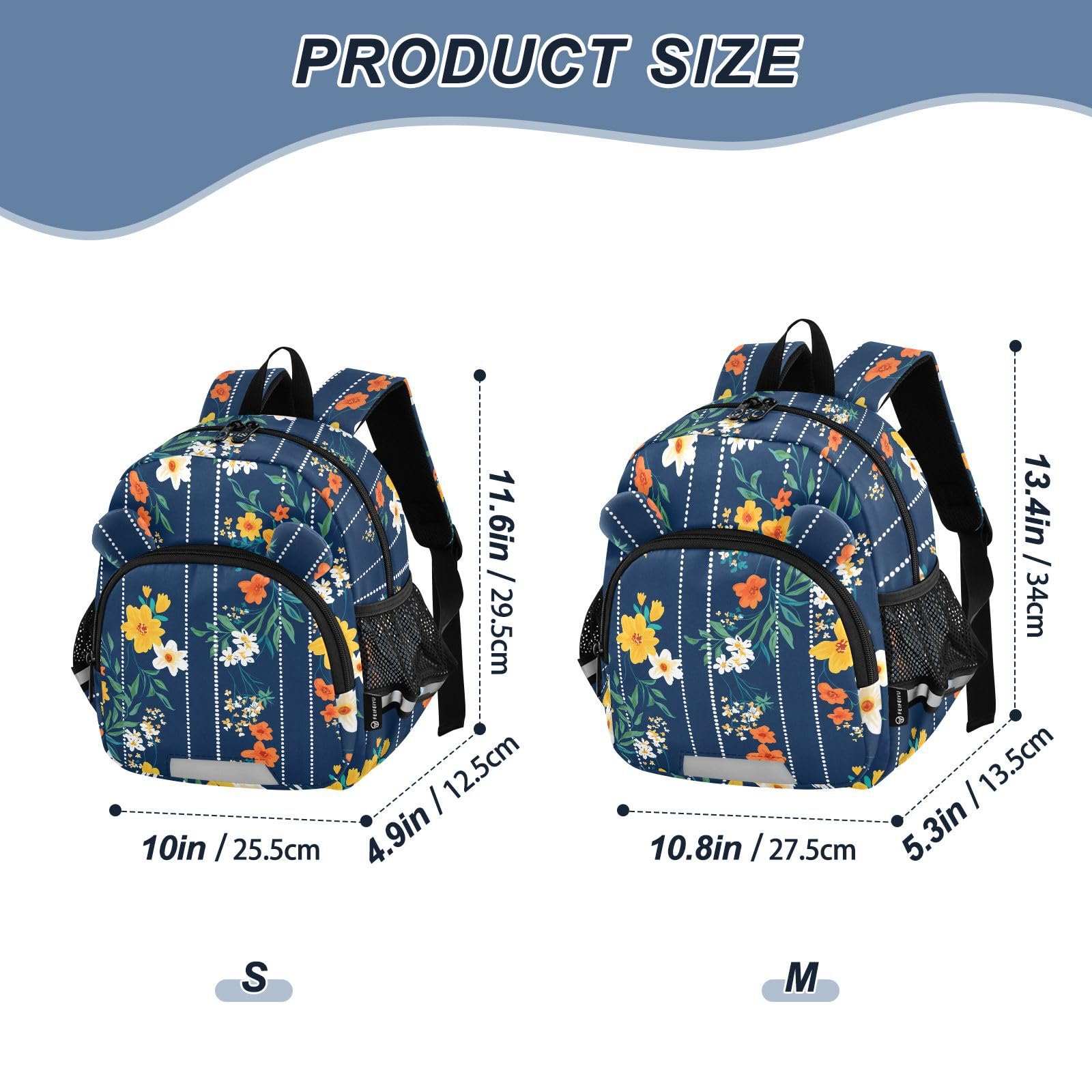 Floral Stripe Pattern Navy Toddler Harness Backpack for Boys Girls 3-6 Years Kids Backpack with Anti Lost Safety Leash Baby Harness Bookbag for Travel Walking Preschool