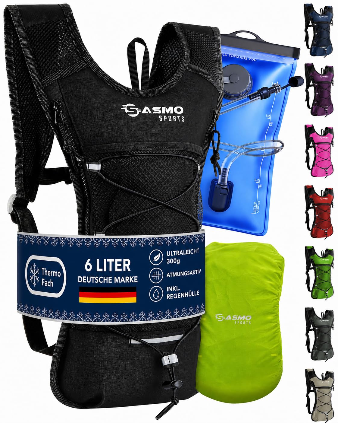 SASMO® Trinkrucksack mit Thermofach | Trinkrucksack Laufen - Ultraleicht 300g & 6L | Laufrucksack mit Trinkblase 2l, BPA-Frei | Rucksack mit Trinkblase & Reflektoren | Laufen, Fahrradfahren