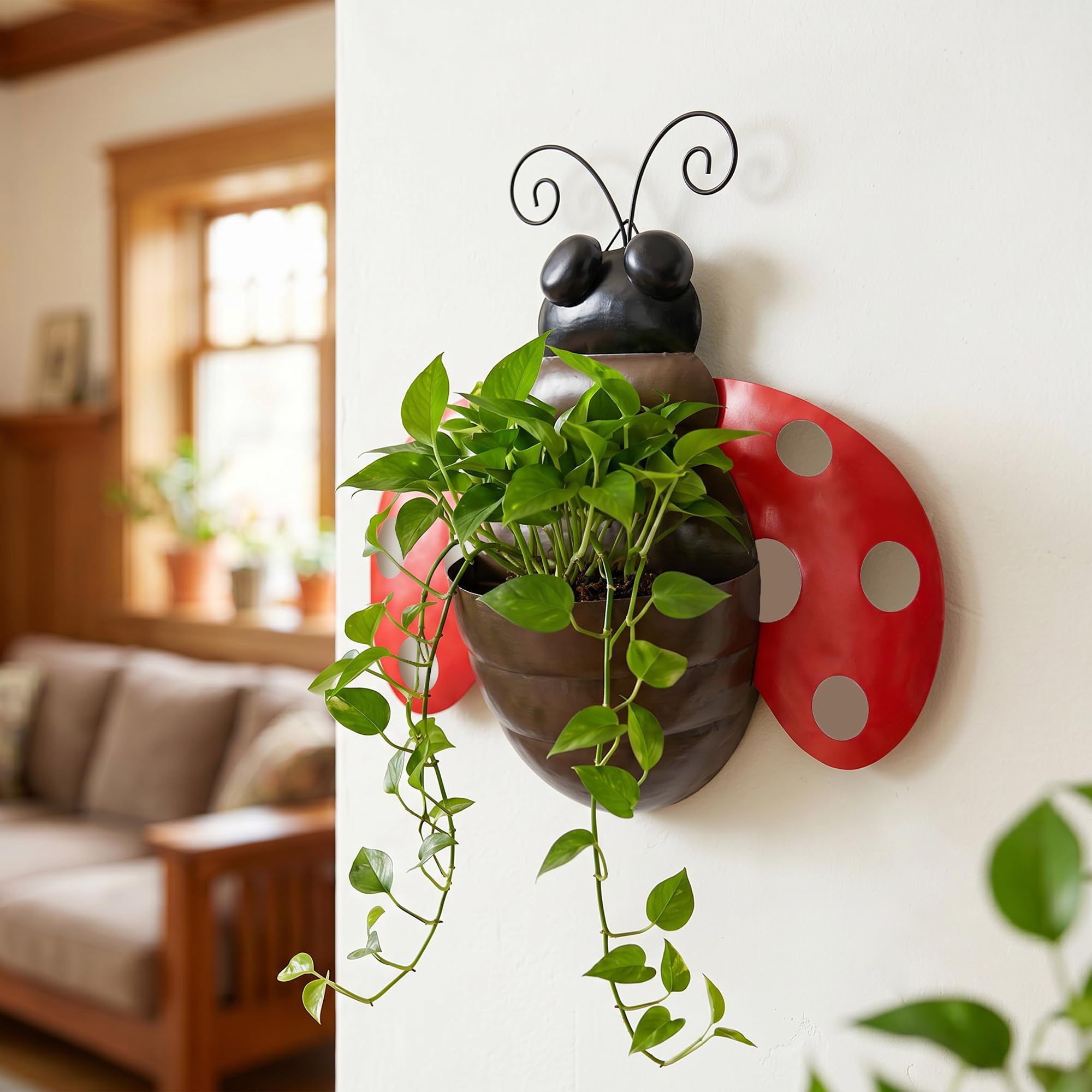 Macetero de pared de metal con diseño de mariquita, maceta colgante para suculentas con drenaje