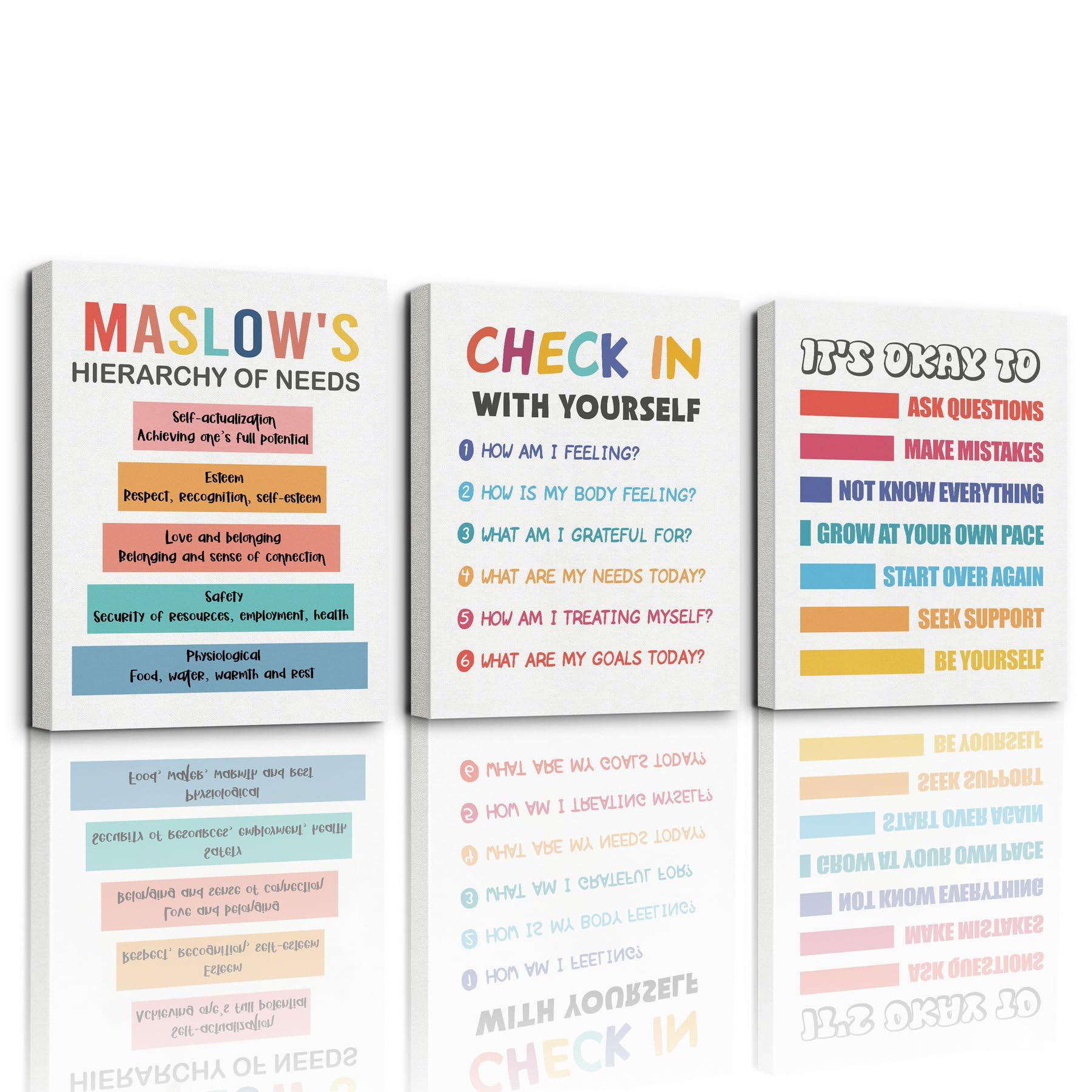 3 Pieces Canvas Wall Art, Therapy Wall Art, Growth Mindset Canvas Poster, Counseling Room Decor, Maslow's Hierarchy of Needs Prints, Check In with Yourself, It's OK to Ask Questions Prints