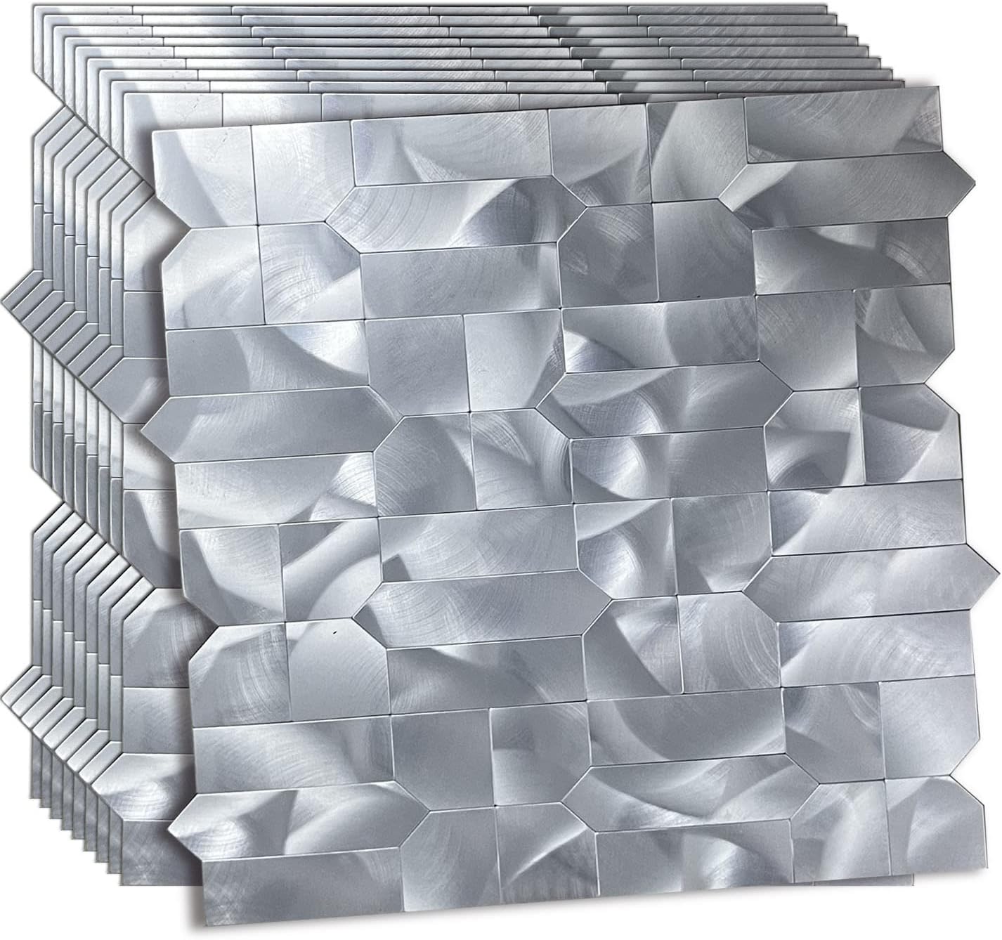 XUANINY 10-Sheet Peel and Stick Metal Backsplash Tiles, Self Adhesive Multiple-Shapes Aluminum Mosaic 3D Wall Sticker for Kitchen Bathroom Decor (10, Silver)