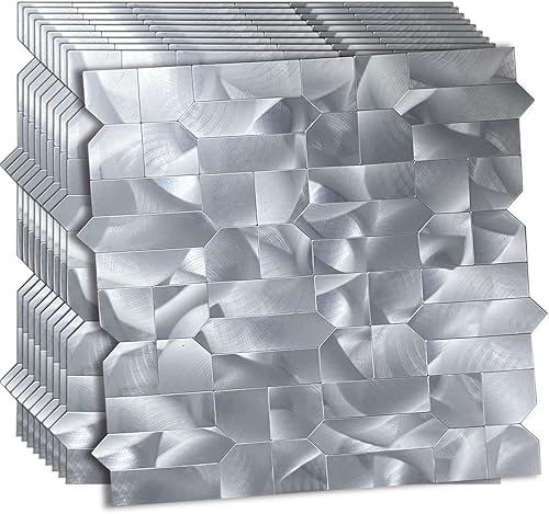 XUANINY 10 hojas de azulejos metálicos para salpicaduras de muro, autoadhesivas, múltiples formas, mosaico de aluminio 3D, adhesivo de pared para