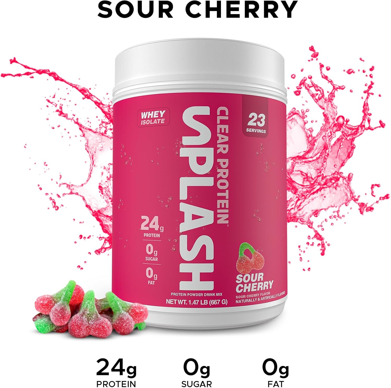 Revolution Nutrition, Splash Clear Protein, Clear Whey Protein Powder, Juice-Type Protein, Candy Flavour, Collagen, 24g Protein, Zero Sugar, Zero Carb, 667g, 23 Servings (Sour Cherry, 1.47 Pound)