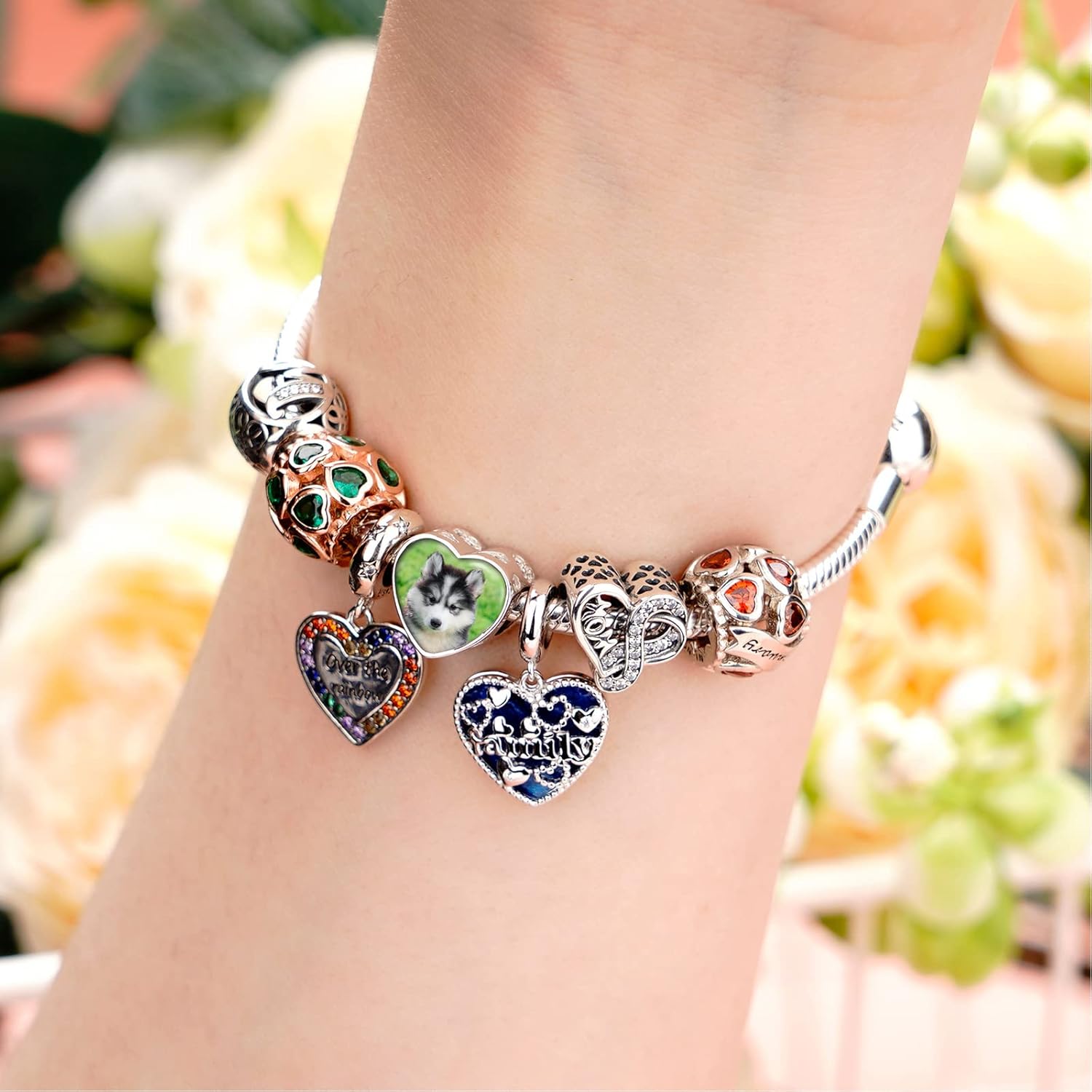 NINGAN Personalized Photo Charms 925 Sterling Silver for Bracelets Necklaces, Customized Engraved Heart Round Family Tree Dad Mom Love Bead Dangle for Women Wife - Image 2