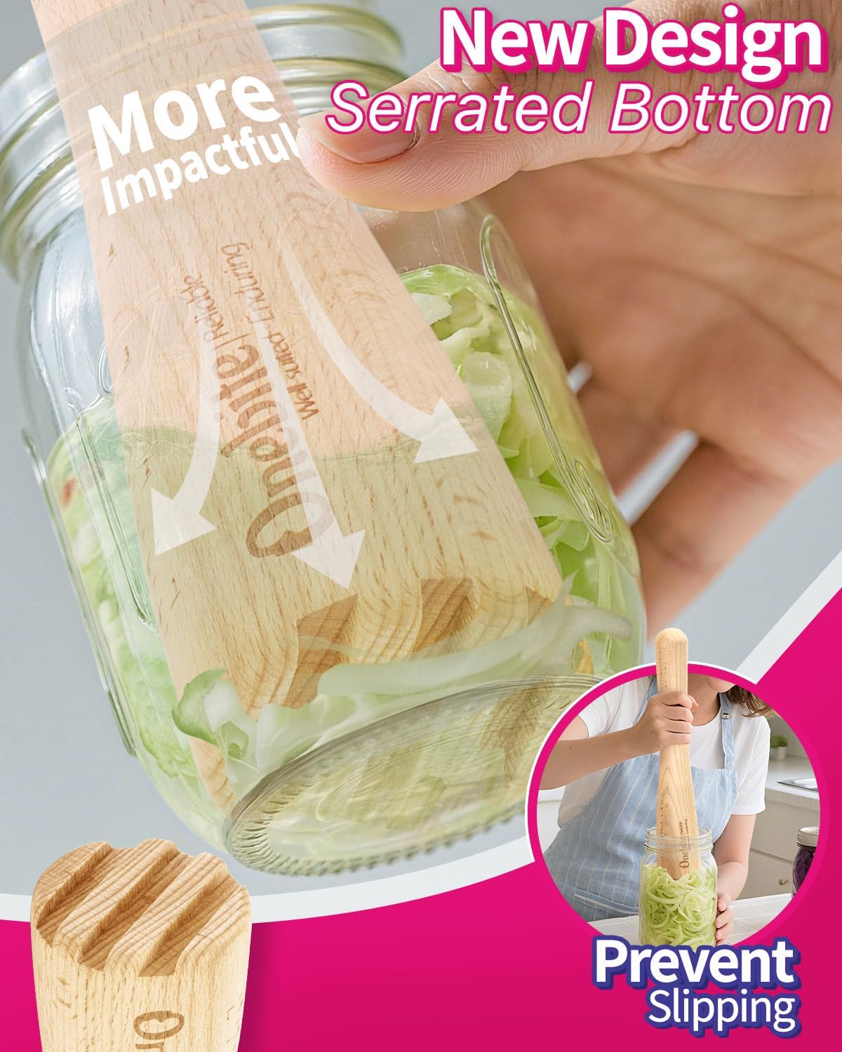 Onebite Sauerkraut Pounder for Mason Jars, Vegetable Fermentation Tamper for Sauerkraut Crocks with Scale Marks - 14" One Piece of Solid Wood, Upgraded Textured Base​