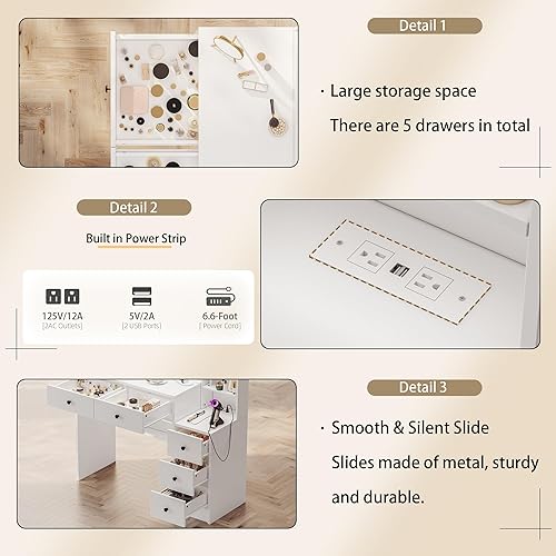 Miniatura 5 de Tocador con Luces, Juego de Tocador de Maquillaje con Estación de Carga y Silla, Tocador de Maquillaje con Espejo y 10 Luces LED, Tocador de