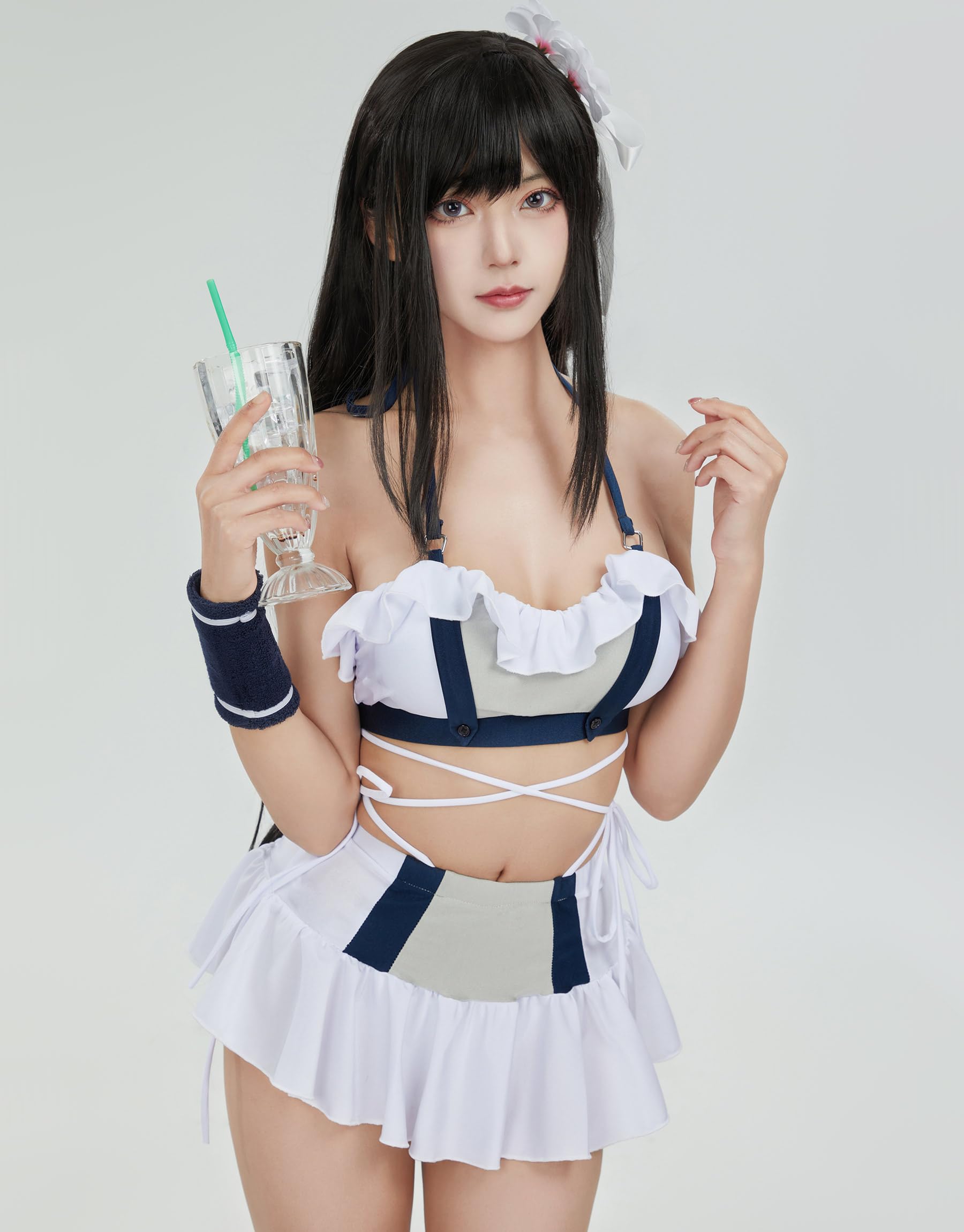 haikyuu Women Fantasy Cosplay Swimsuit Anime Two Piece Bathing Suit with Head Accessory Halter Top and Skirt