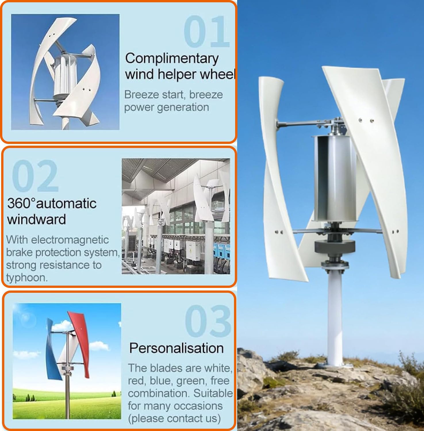 Kit de generador de turbina eólica, Kit de generador de Viento Vertical de turbina eólica, generador de turbina eólica Vertical portátil de 3 Palas, para energía eólica híbrida 8000W-12V
