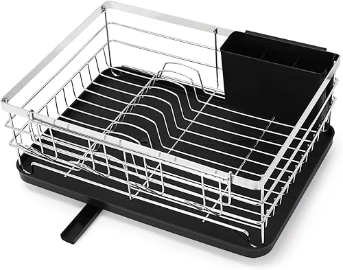 Fogein Escurridor de platos escurridor de platos de acero inoxidable con soporte para utensilios bandeja escurridor extraíble para encimera de