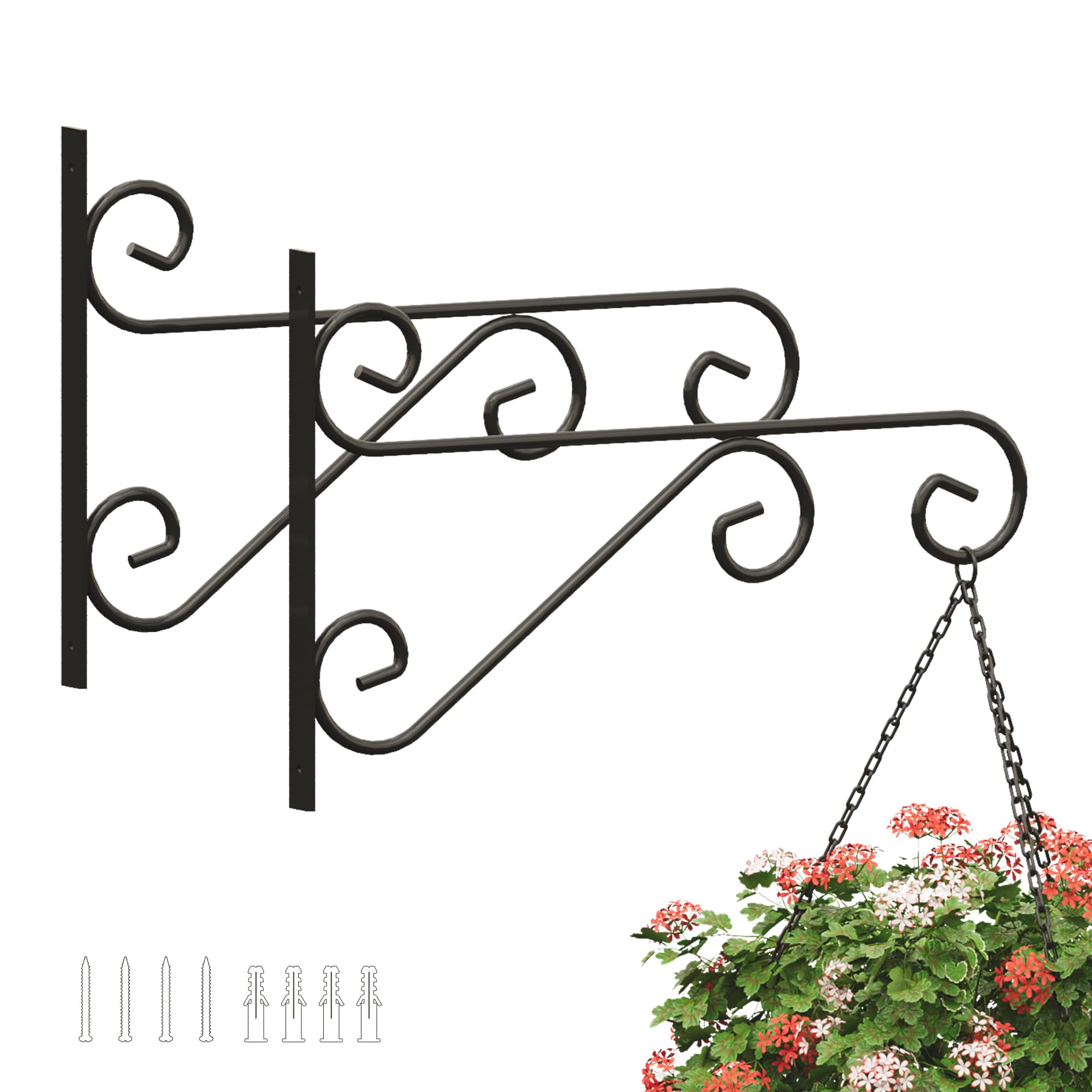 PROWORX 16 Inch Plant Hanger Outdoor Bracket, 2 Pack Black Curved Metal, Heavy Duty Rust-Resistant Wall Hooks for Hanging Planters, Flower Baskets, Bird Feeders, Indoor & Outdoor-image-10