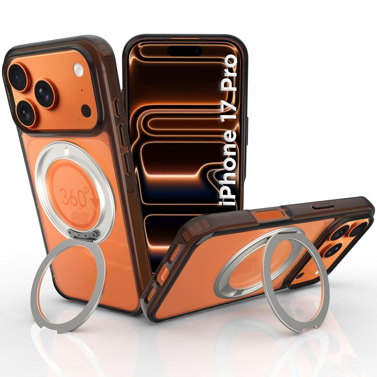 RIGGEAR Shockproof Clear Hybrid Armor 360° Rotating Magnetic Ring Stand Back Cover Case Compatible with MagSafe Accessories for iPhone 17 Pro (Clear-Black TPU Bumper + Transparent PC)(Silver)