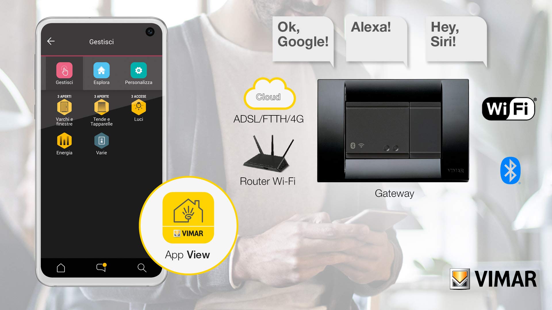 Vimar 16497 Idea Gateway connesso IoT Bluetooth Wi-Fi per integrazione, configurazione, supervisione di VIEW Wireless, mediante Cloud e App, 2 moduli