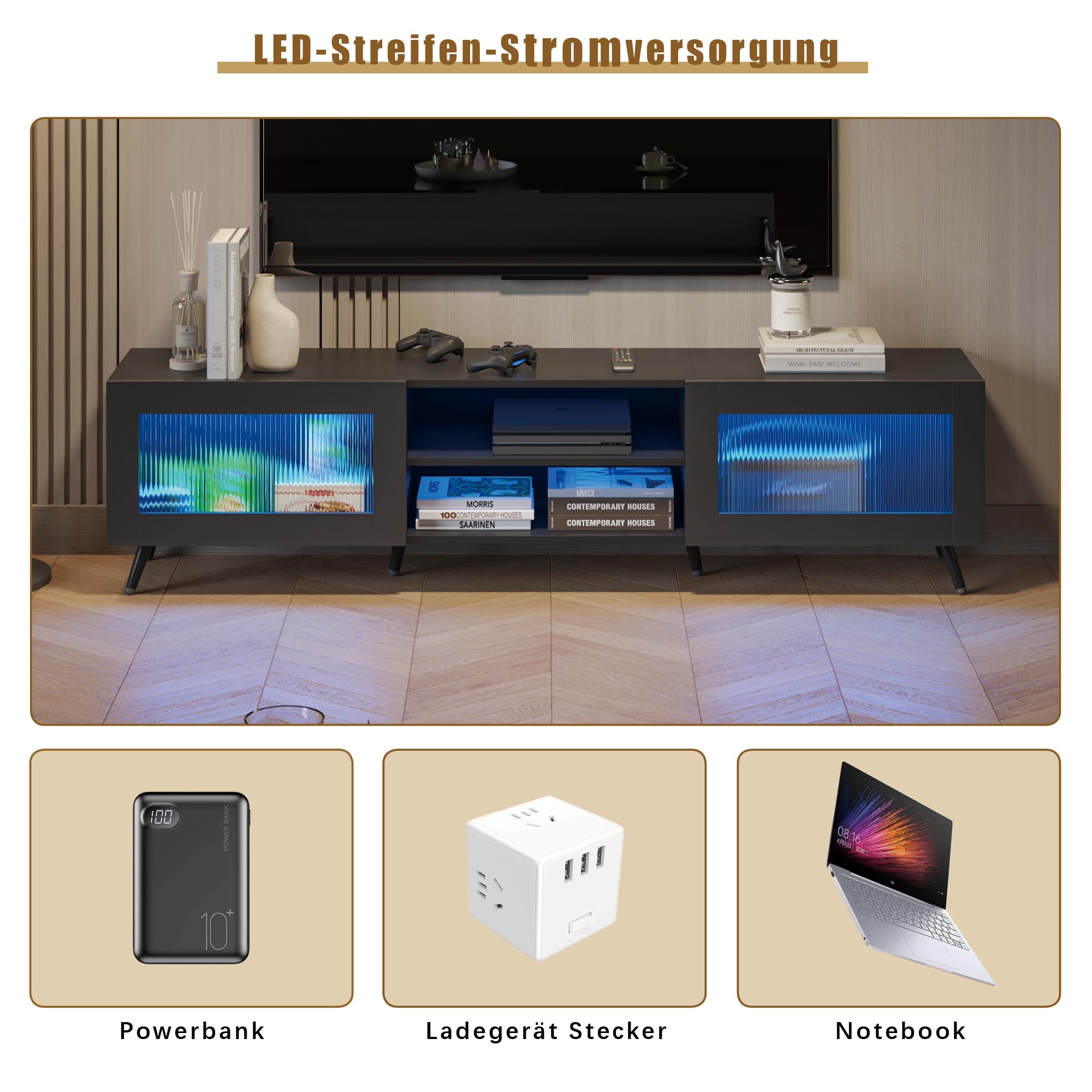 KEEPREAPER TV-Schrank, stehend Lowboard mit LED-Beleuchtung, Fernsehtisch mit 2 Acryltüren, für Fernseher bis zu 70 Zoll, für Wohnzimmer 160 x 29 x 40 cm (Schwarz)