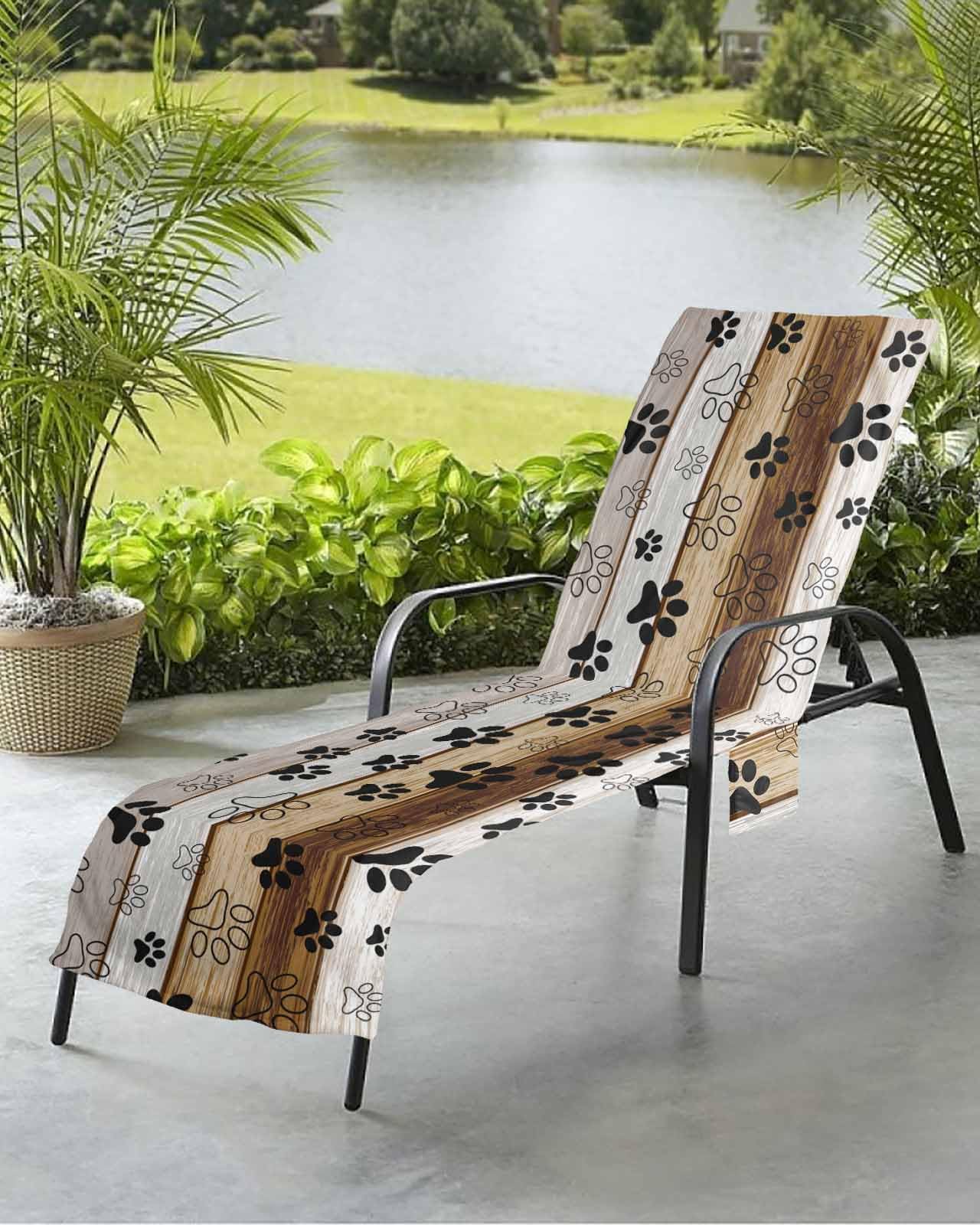 Farmhouse Paw Print Beach Chair Towel Covers for Chaise Lounge with Side Pocket, Soft Plush Pool Towels Cover for Patio Sunbathing Outdoor Gradient Wooden Brown 29''x85''