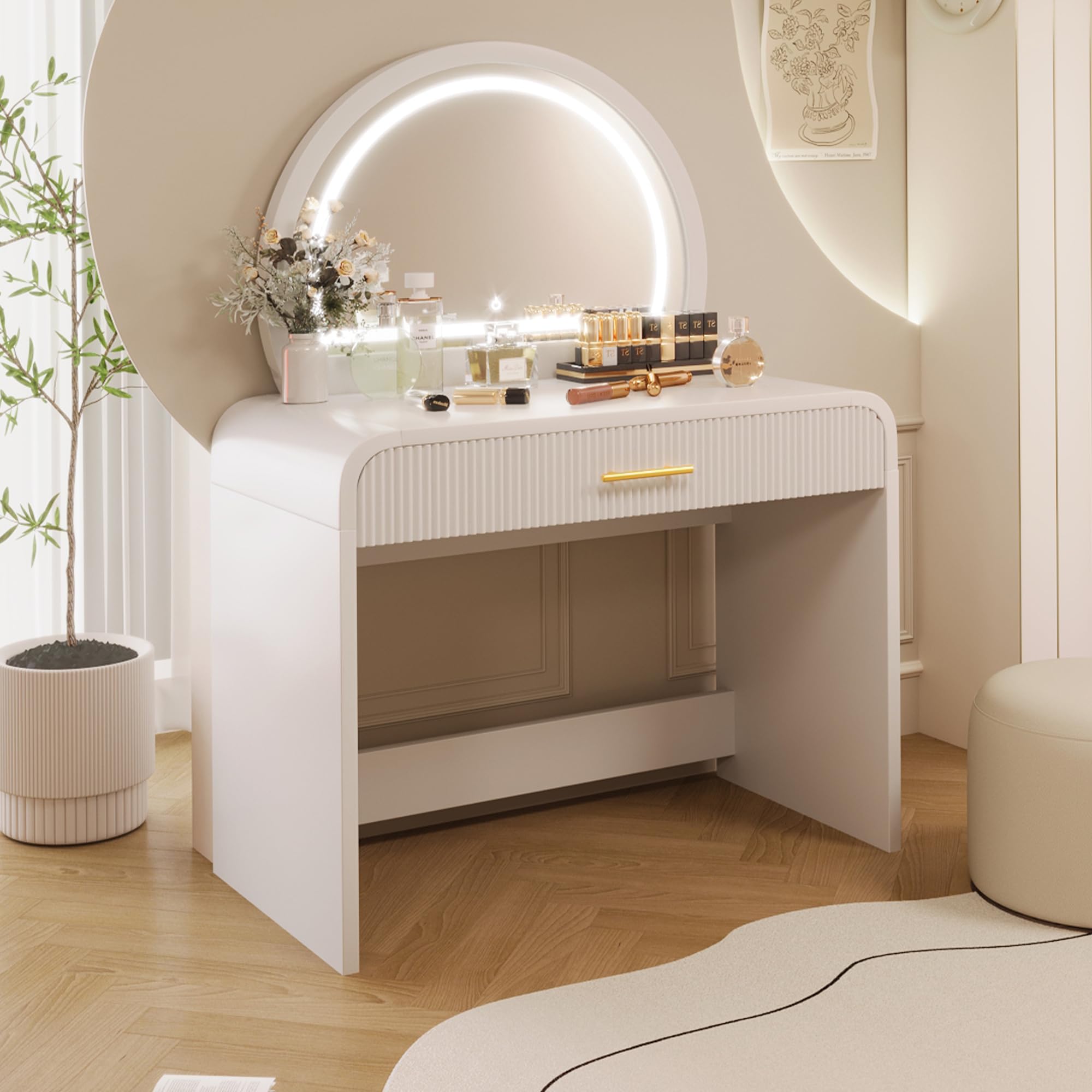 Brabrety 39" Makeup Vanity Table with Touch Screen Lighted Mirror,Dressing Table with Drawer,for Bedroom Bathroom (White#Wavy)
