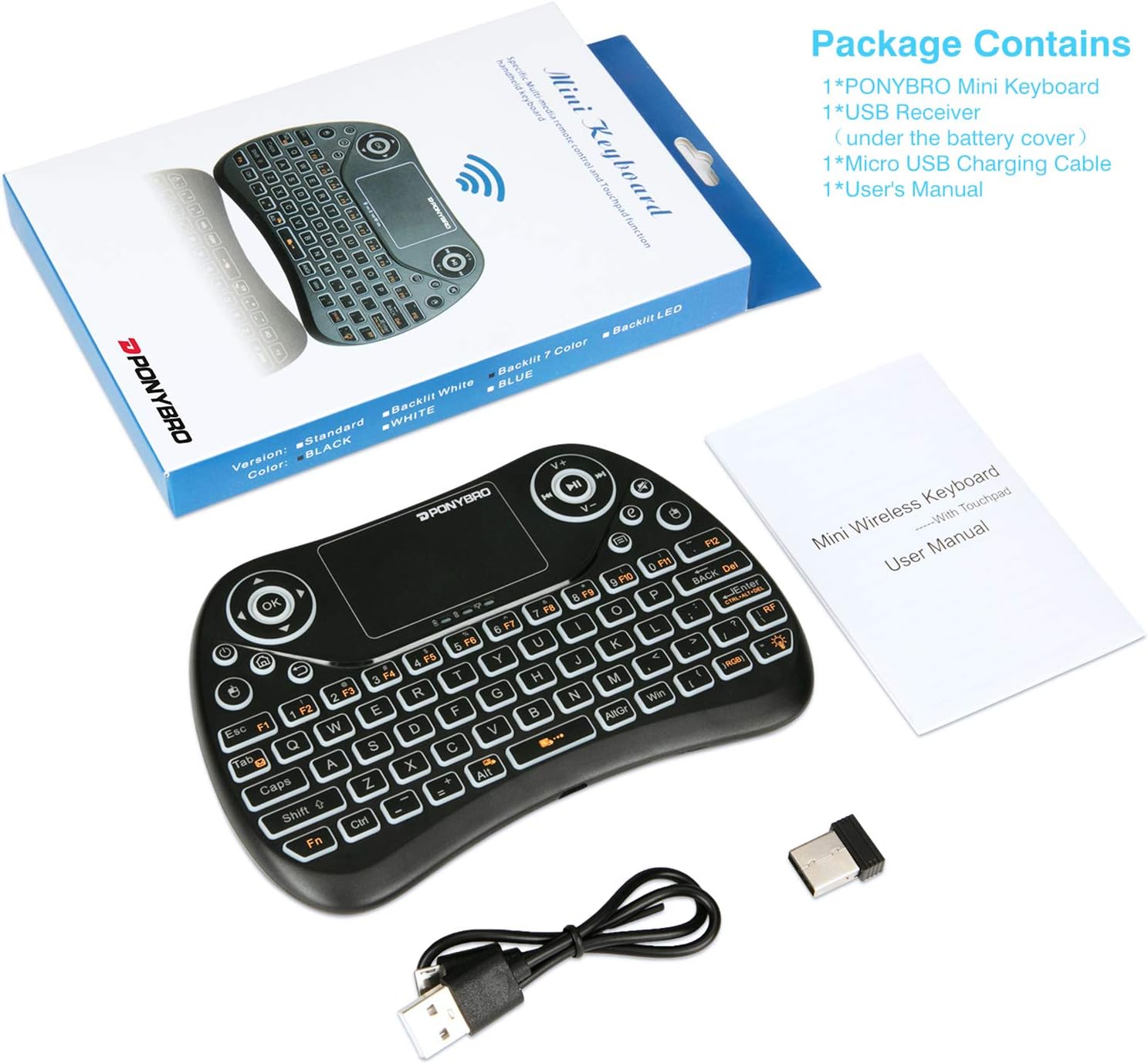 PONYBRO Mini Keyboard package contents including keyboard, USB receiver, charging cable, and manual