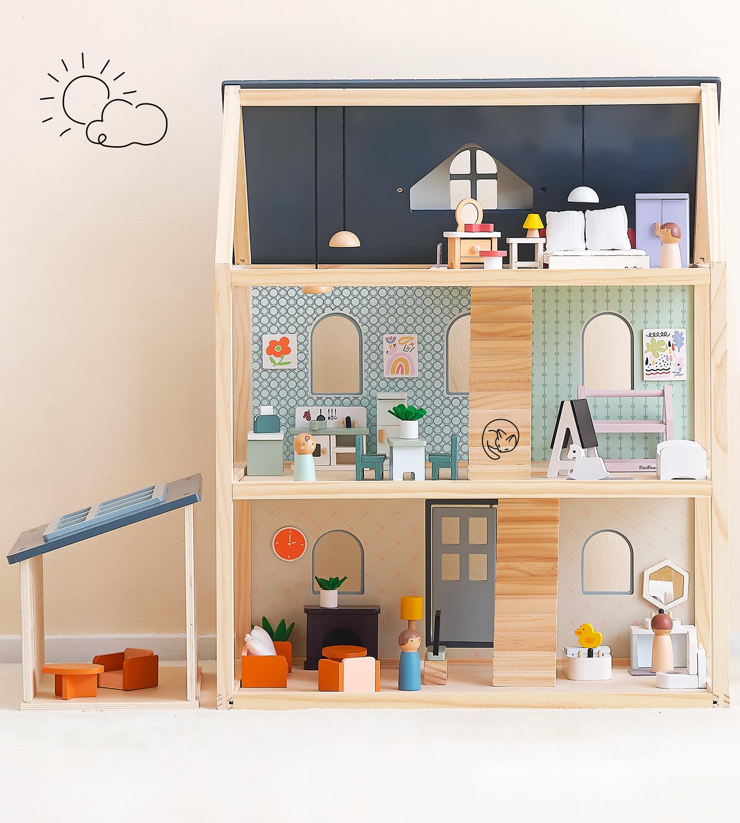 PairPear Wooden Dollhouse for Kids,3 Story Family Dollhouse with 64Pcs Furiture Accessories,Doll House Toy Gift for Kids Ages 3+