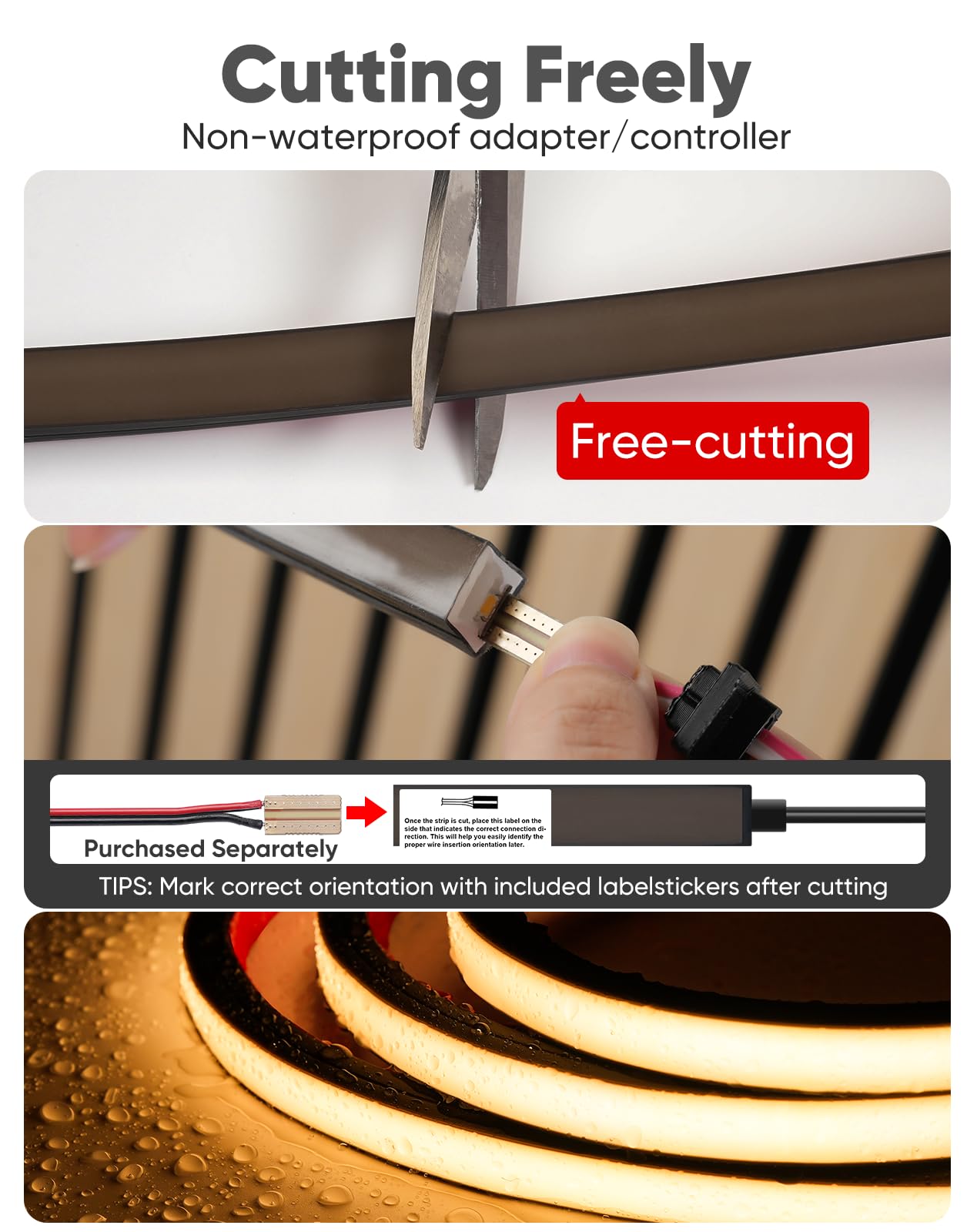 Kit de luces LED empotrables, flexibles y cortables, luces LED blancas cálidas de 3000 K, tiras de luces autoadhesivas regulables para paredes de listones de madera, paneles