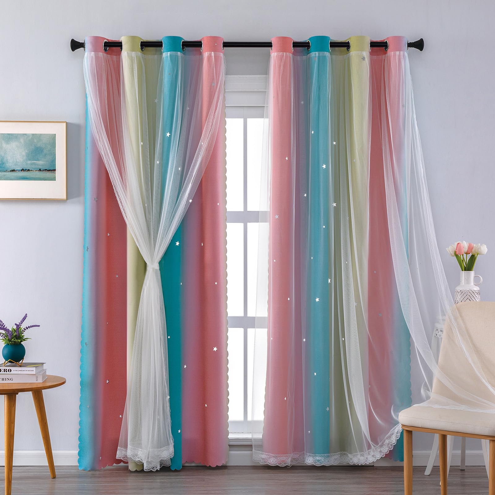 XiDi Yellow Blackout Curtains with Net 54 Drop Hollow Out Star Pattern Mix White Voile Sheer Short Eyelet Curtains for Kids Preteen Bedroom 52 Inch Wide