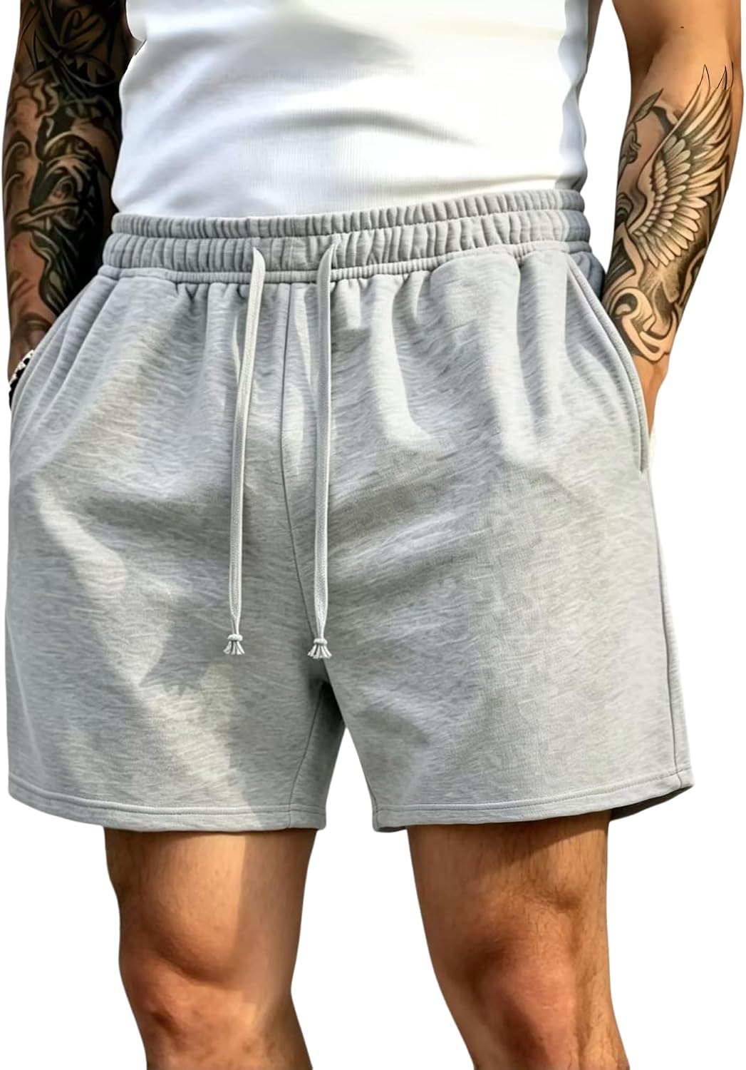 Mens Straight Sweat Shorts Above the Knee, Banded Hem Casual Gym Shorts with External Drawstring Waist (5" Inseam)