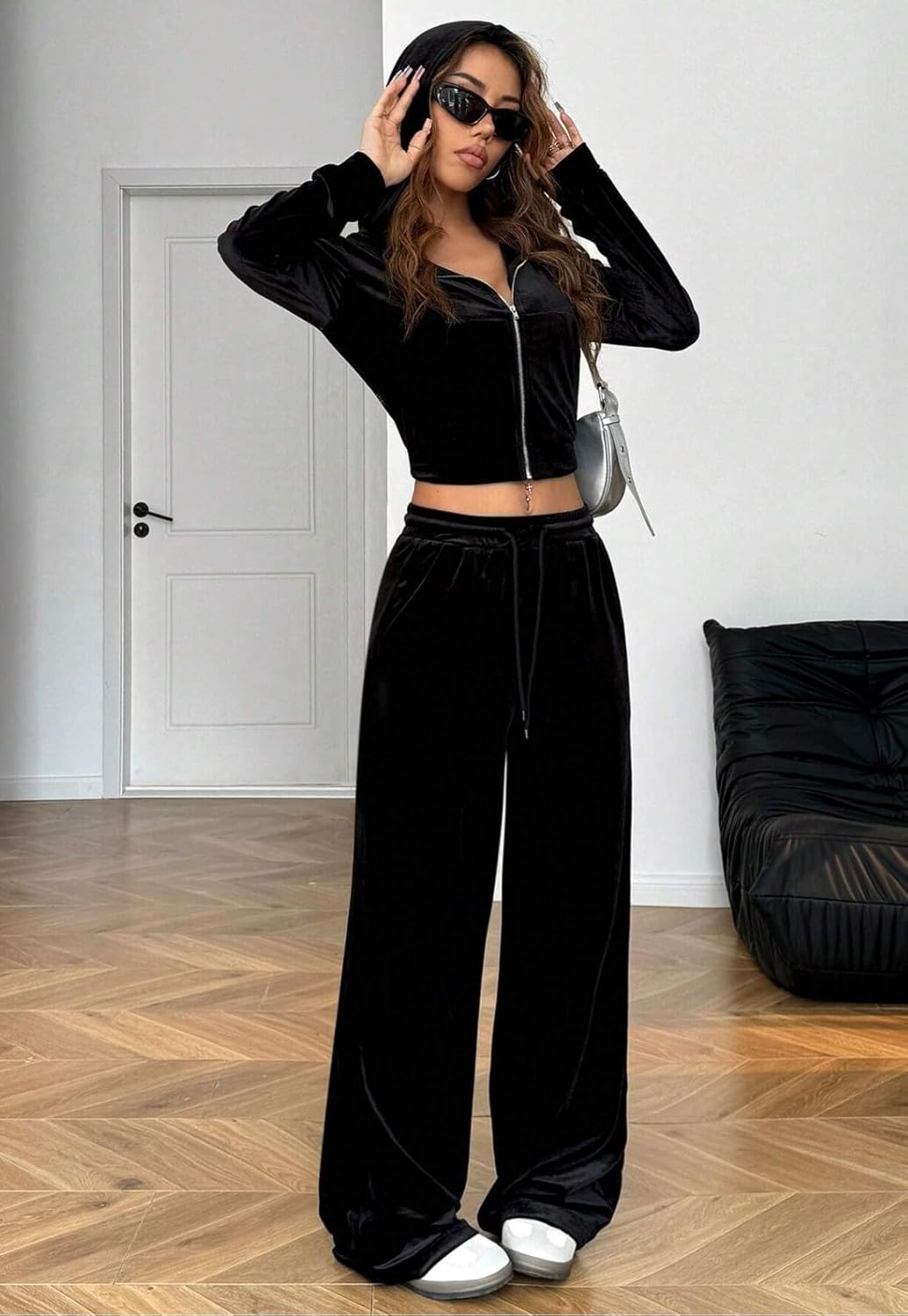 Rhinestone Decorated Hooded Zip-Up Top And Pocket Pants Women Casual Sport Suit, Available in Black, Green, Brown, Pink Color