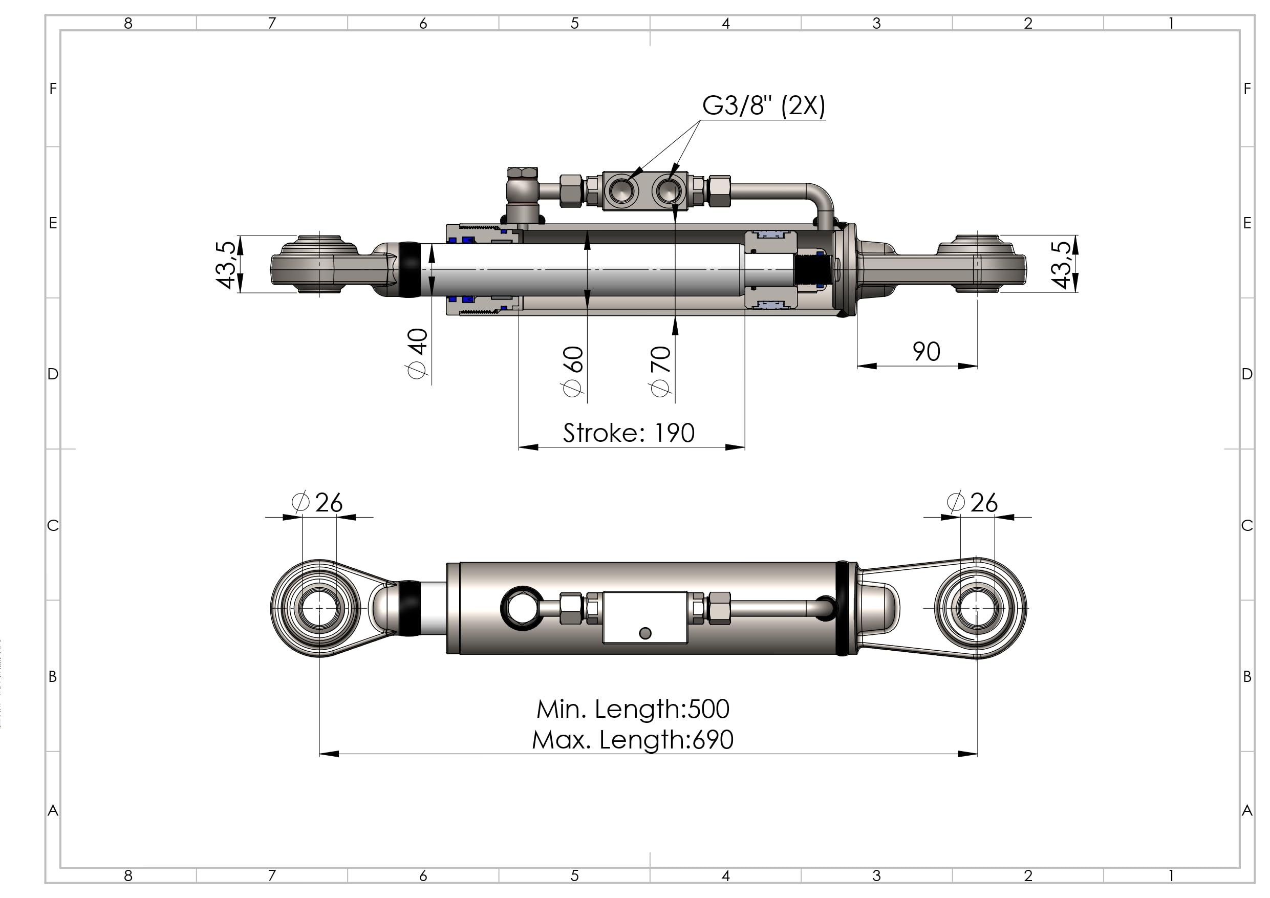 Hydraulischer Oberlenker Kat. 2-2 mit Sperrblock&2 x Hyd.Schläuche-Länge wählbar (Min-Max: 500-690 mm)