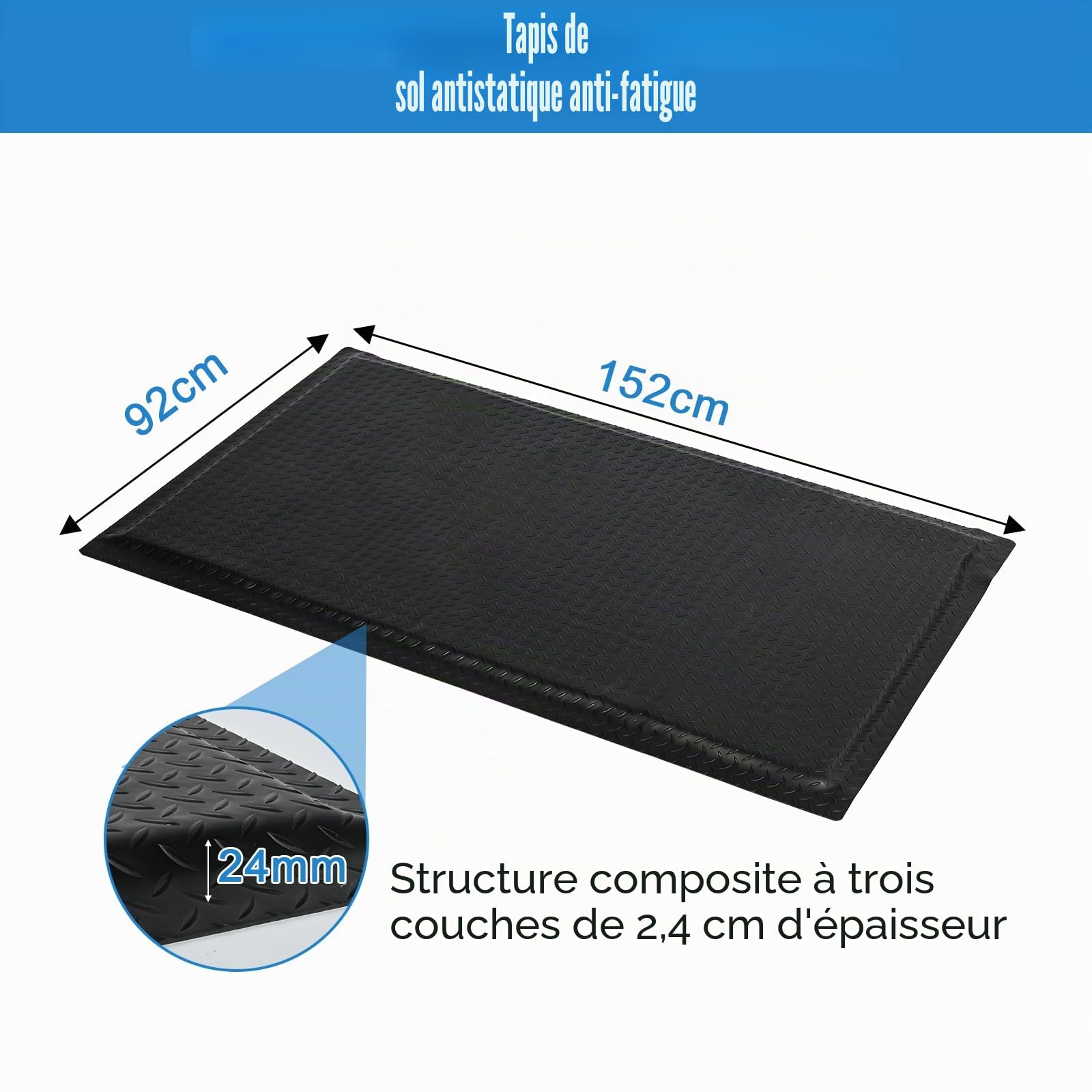 Tapis anti-fatigue pour postes de travail debout, tapis de travail ergonomique anti-fatigue, 92 x 152 cm, tapis de bureau debout pour atelier, bande d'assemblage