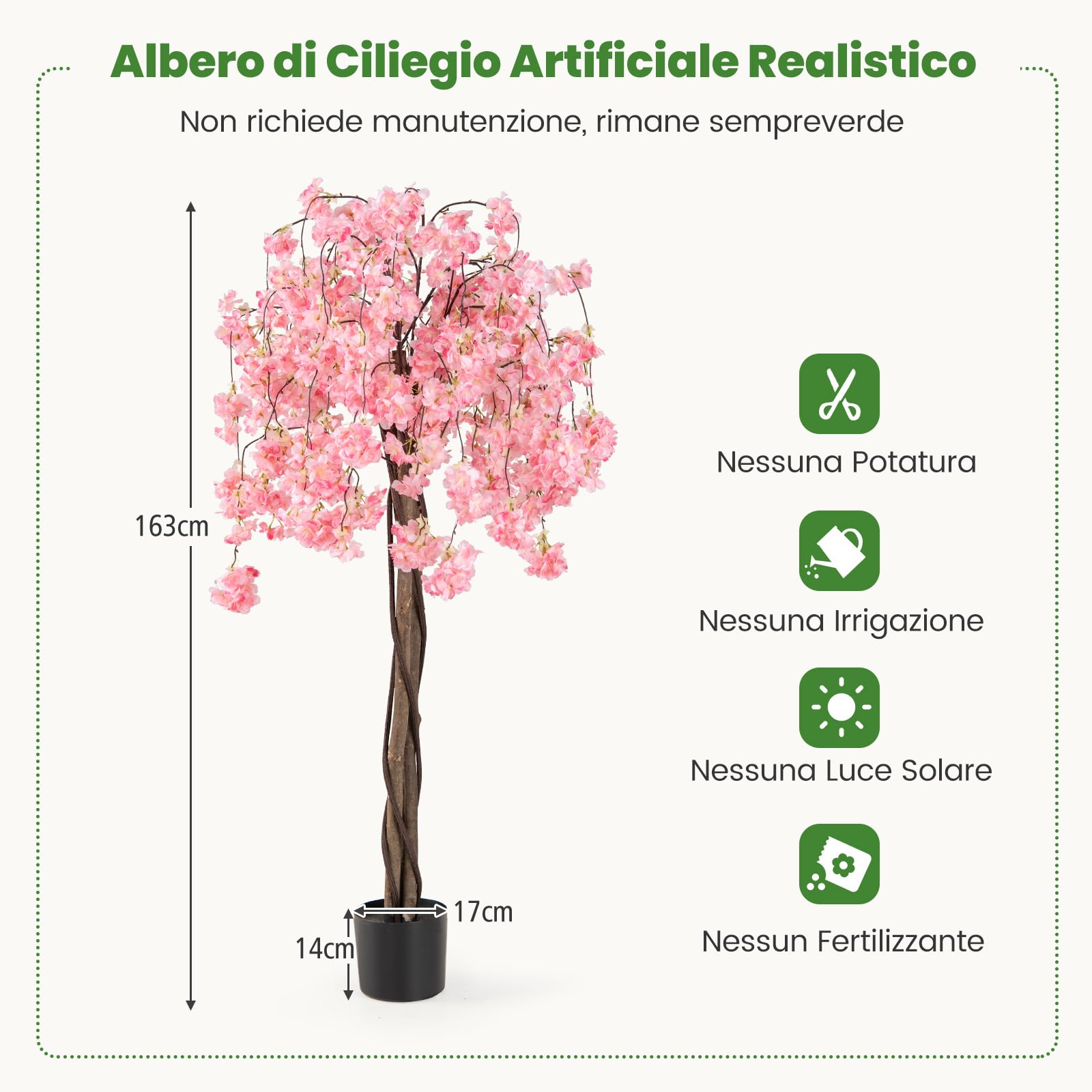 COSTWAY Albero di Ciliegio Artificiale 163 CM, Pianta Finta da Interno con Vaso in PP Riempito con Cemento, Fiori in Tessuto, Decorazione per Ufficio, Casa e Veranda (Rosa)