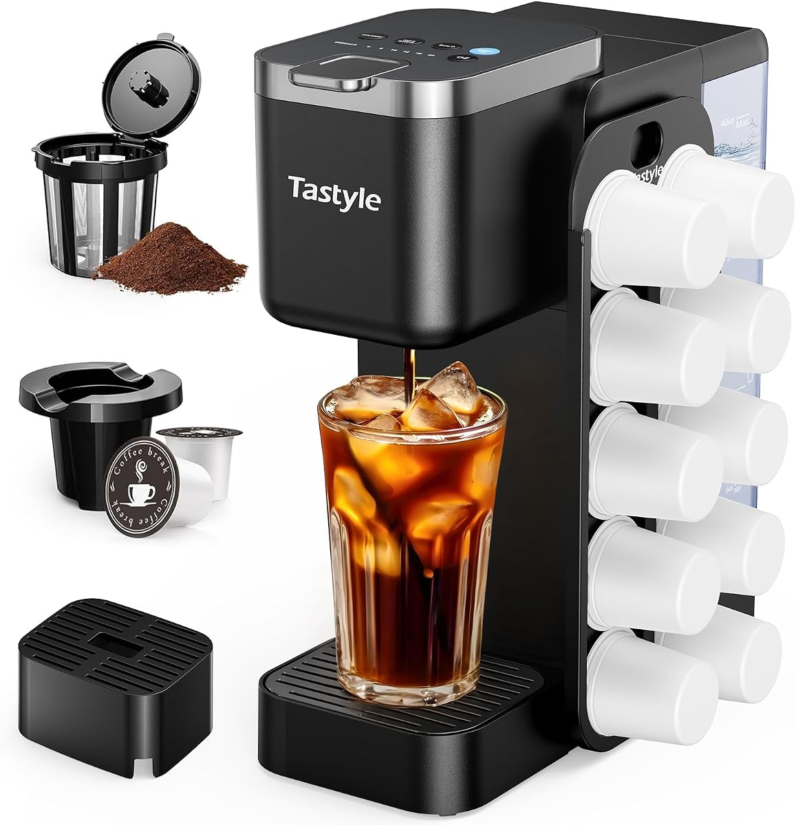 Tastyle Hot & Iced Coffee Maker with Magnetic K-Pod Holder, Fits 7.3'' Mug | Stores 10 Pods, for K Cup & Grounds, Compact for Home, Office & RV, Brew 6-24oz Coffee, 40 oz Removable Tank, K330CH, Black